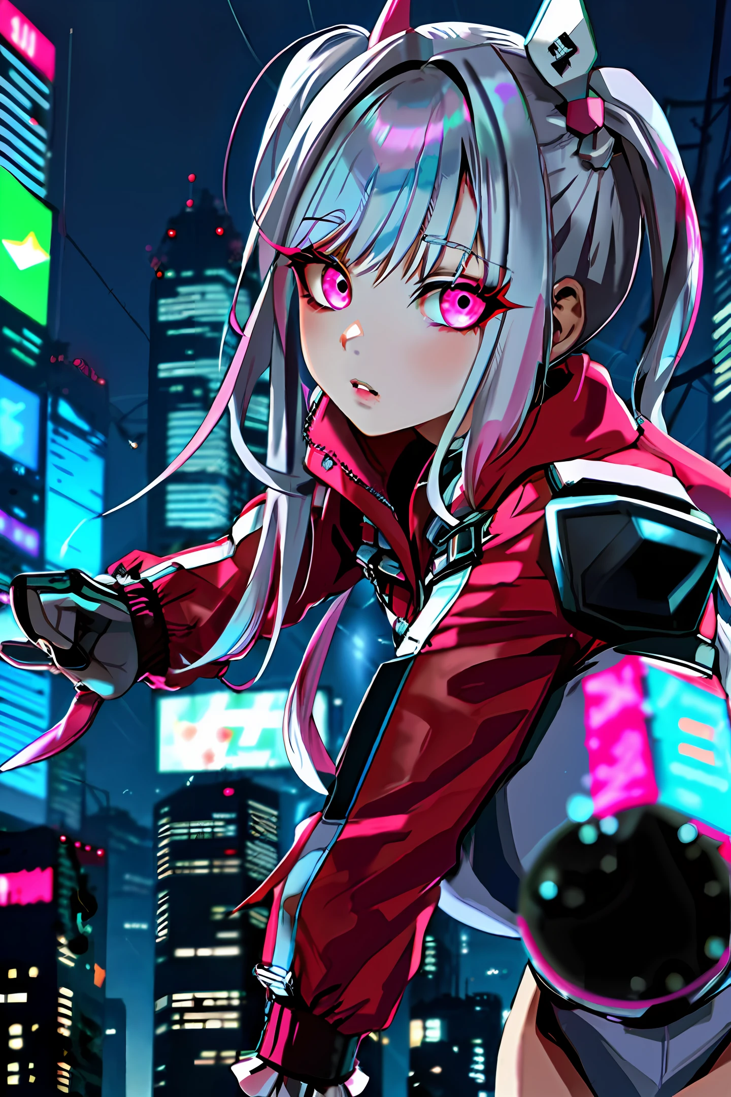 lucy \(cyberpunk\), 1girl, hair scrunchie, hime cut, silver hair, colored tips, full moon, grey eyes, jacket, long sleeves, looking at viewer, medium hair, multicolored hair, parted bangs, parted lips, pink hair, portrait, red eyeliner, red lips, solo, white jacket, cyberpunk \(series\), rainy night in a cyberpunk city with glowing neon lights