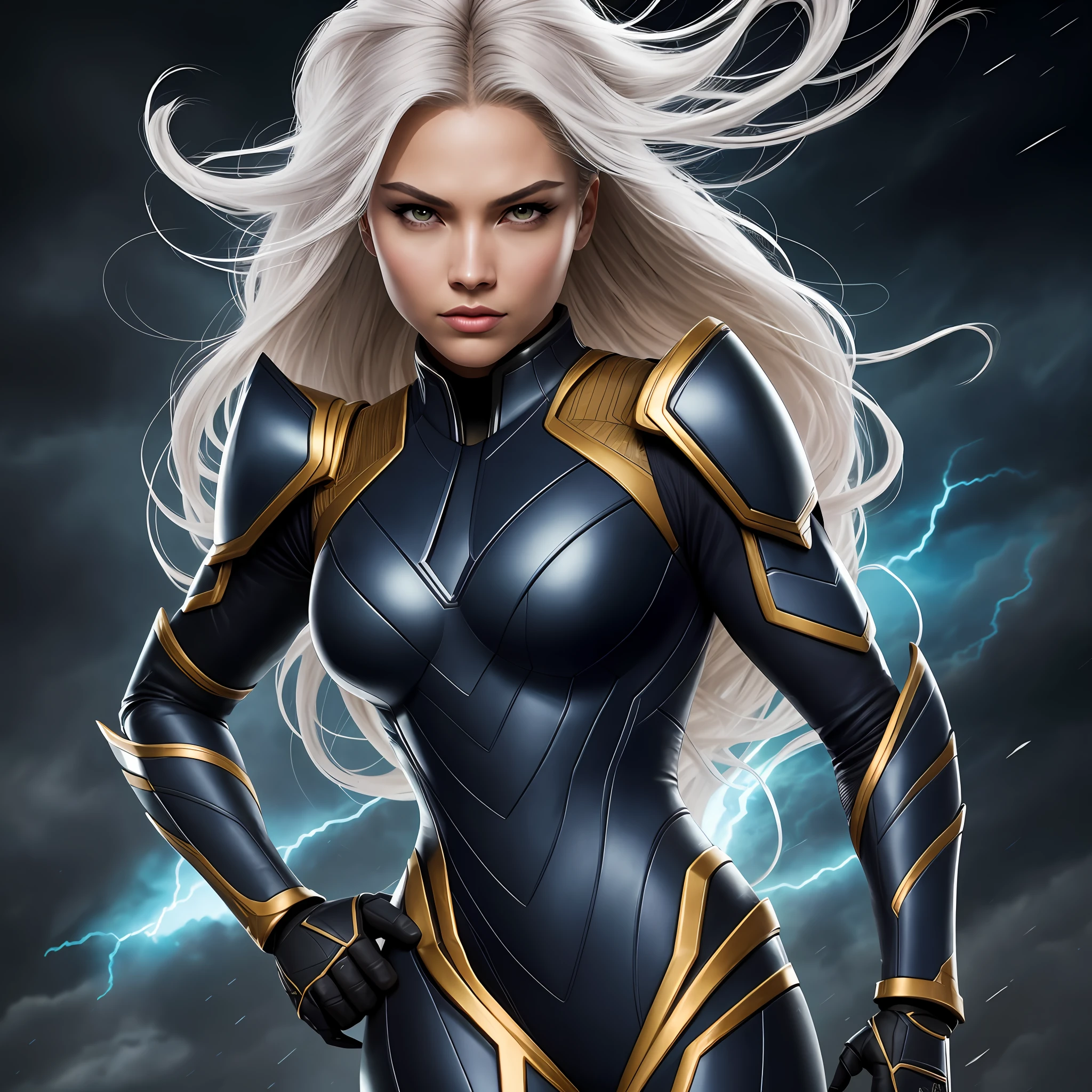 STORM X-men ,FULL BODY.camera view against plongée, golden ratio, dark background lighting, close-up, detailed facial details, perfect face, sharpness, trend art, sharp facial details, ultra high quality, line art, high fantasy, exquisite, 4k, soft lighting 8k, dreamer --iso 100