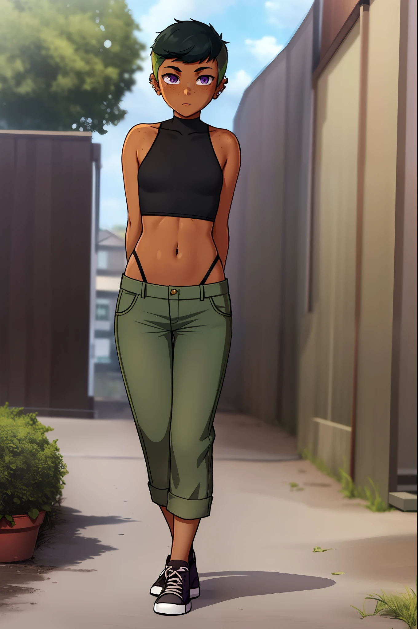 riley fairfeather, masterpiece, best quality, 1girl, solo, nose piercing, clothes writing, green hair, piercing, undercut, leotard, freckles, breasts, full body, short hair, black hair, black leotard, multicolored hair, shoes, two-tone hair, sneakers, purple eyes, covered navel, looking at viewer, green pants, blush, bare shoulders, ear piercing, pants, arms behind back, small breasts, nose blush, dark-skinned female, medium breasts, standing, tan, dark skin, pigeon-toed, outdoors,