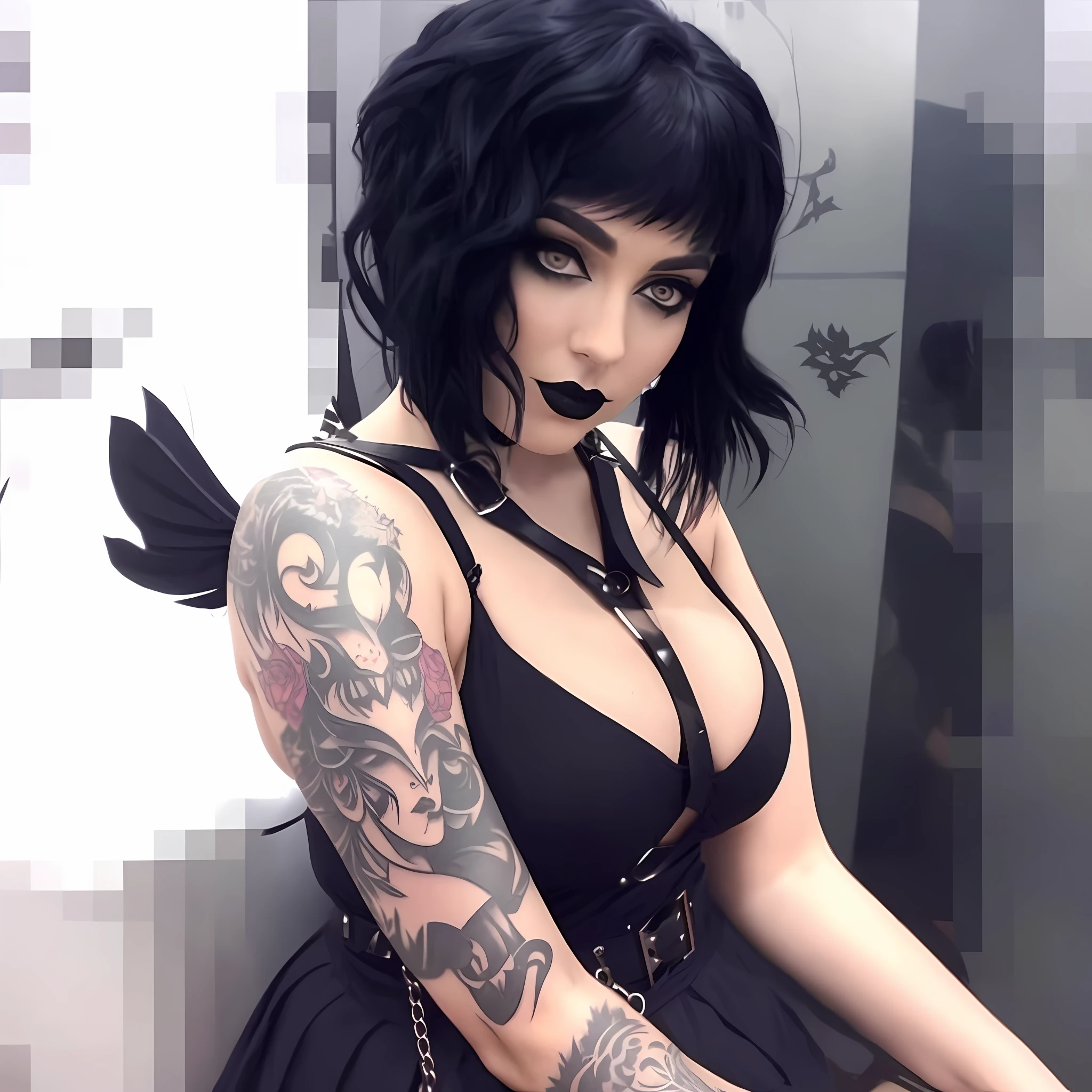 there is a woman with a black dress and a tattoo on her arm, 1 7 -  - old h girl, goth girl, iren horrors, gothcore, villainess has black angel wings, very beautiful goth top model, goth woman, raven black hair, dark goth queen, pale goth beauty, goth girl aesthetic, mall goth, gothic girl, raven hair