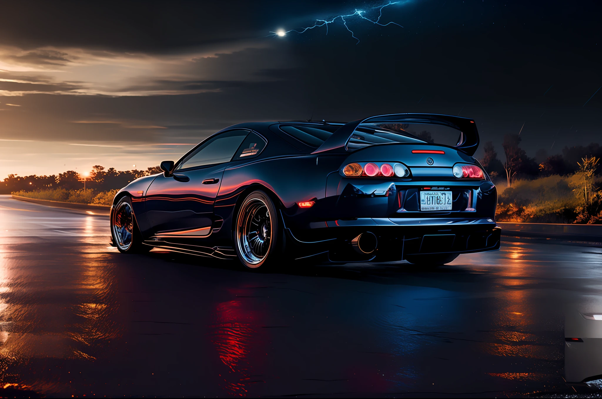 (STANCE), masterpiece,best quality,official art,extremely detailed CG unity 8k wallpaper,illustration, light,car, bright, sports car, vehicle focus, road, ((need for speed)),((NFS)), moving, wet, (((night, midnight))),neon lights,drift, (MARKII)