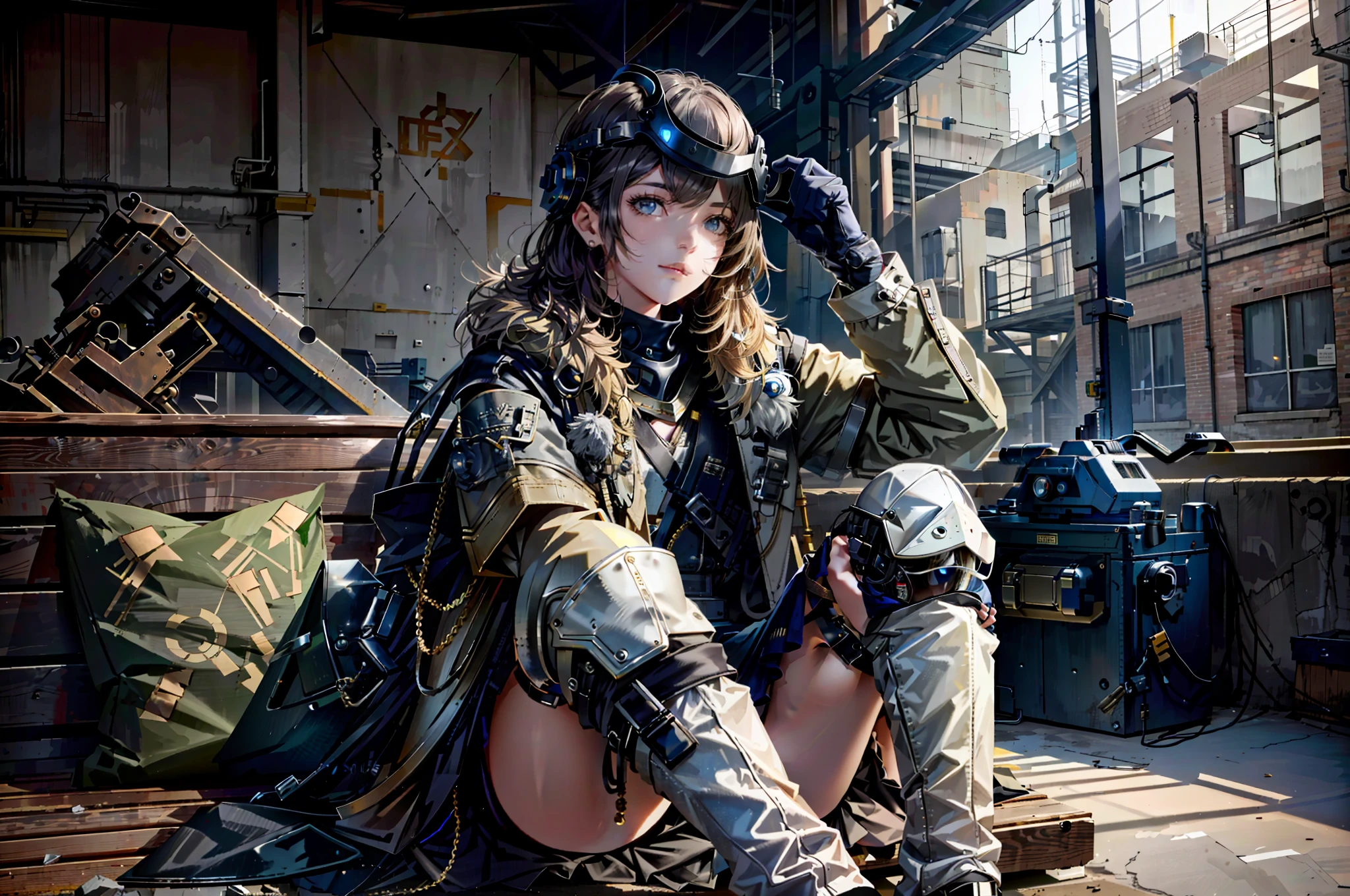 (8k, RAW photo, highest quality), beautiful girl, sitting on a bench of a factory, (aviary helmet),avairy coat, (detailed eyes:0.8), (looking at the camera:1.4), (highest quality), (best shadow), intricate details, interior, dark studio, muted colors,  steampunk,