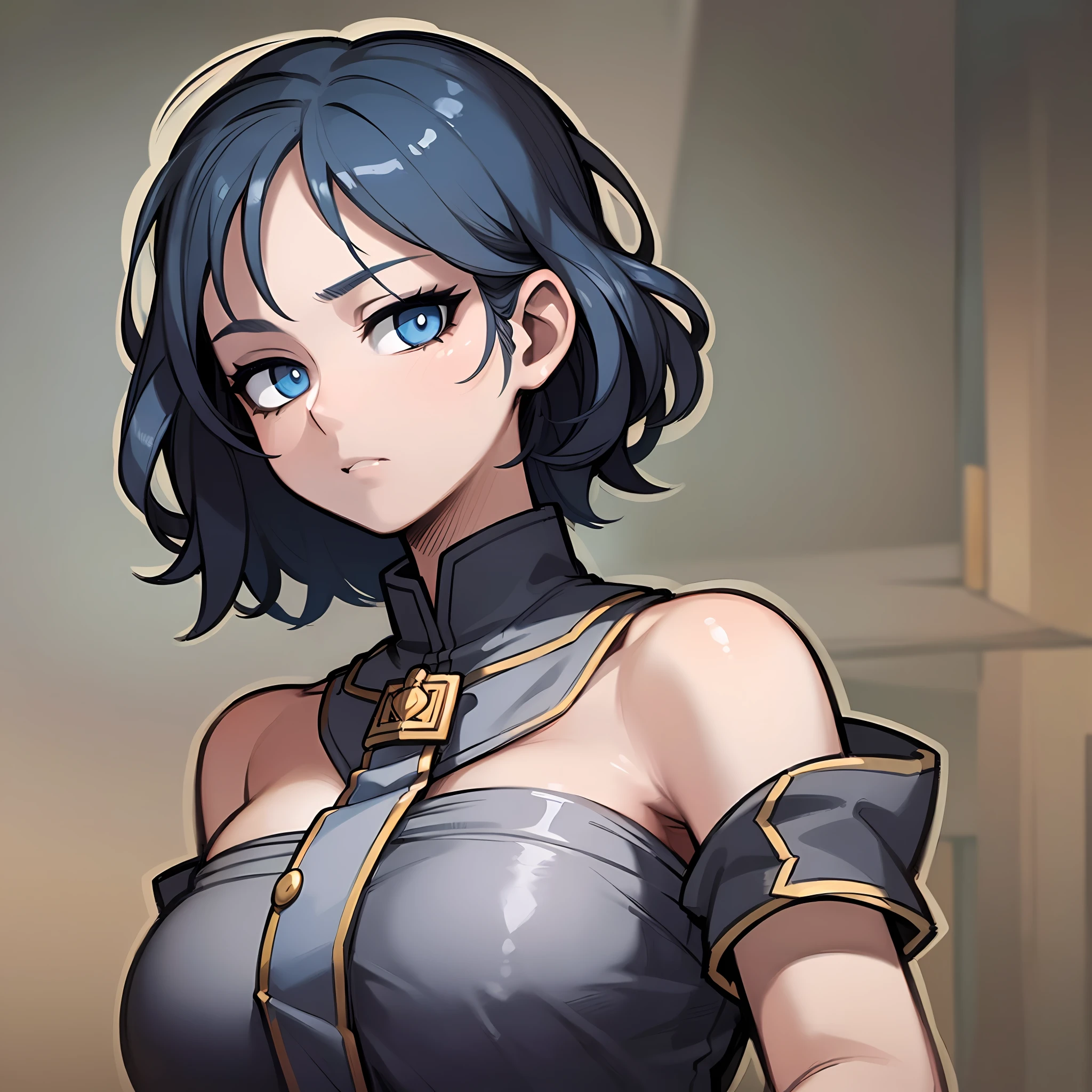 (((masterpiece, illustration, strong outlines, best quality, highres, face focus))), close portrait, face, perfect anatomy, official art, 1girl, solo, upper body, short hair, messy hair, blue hair, dark blue hair, (grey eyes, white eyes, beautiful eyes, detailed eyes, shaped eyes),