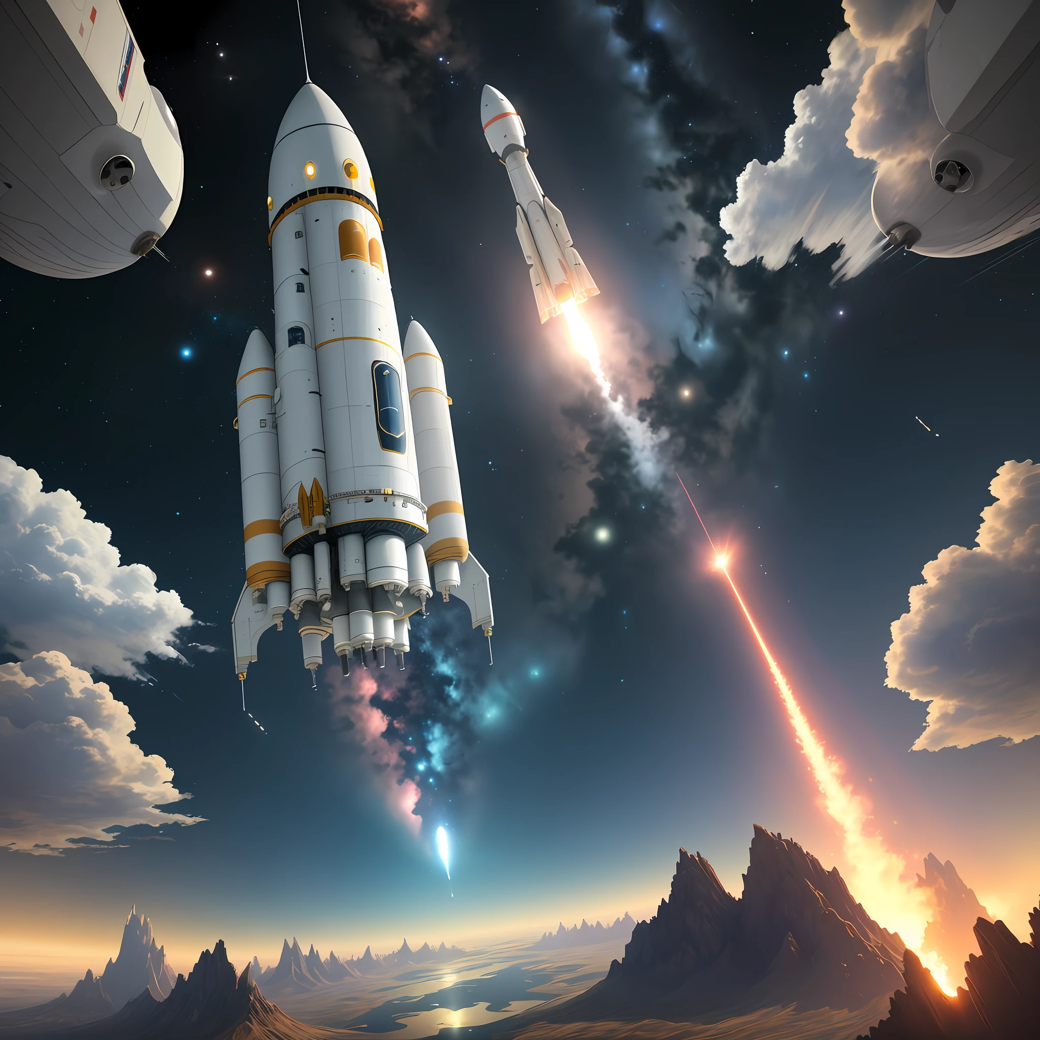 Space rockets leaving the planet for outer space, ultrarealistic, Midjourney