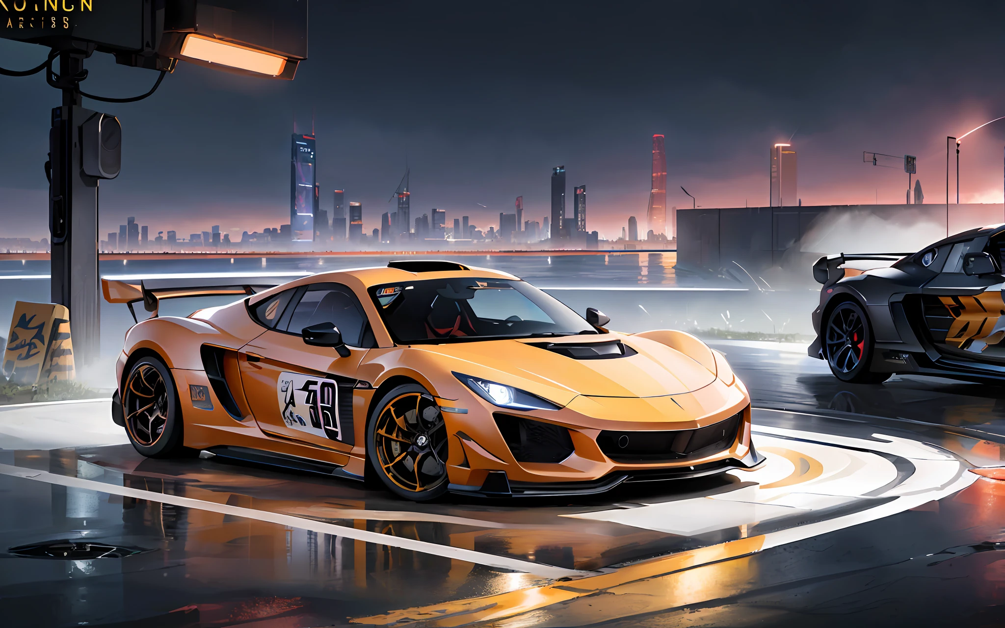 masterpiece,best quality,official art,extremely detailed CG unity 8k wallpaper,illustration, light,car, bright, motor vehicle, ground vehicle, sports car, vehicle focus, road, need for speed, moving, wet, (night, midnight:1.5), cyberpunk, tokyo,neon lights,drift,