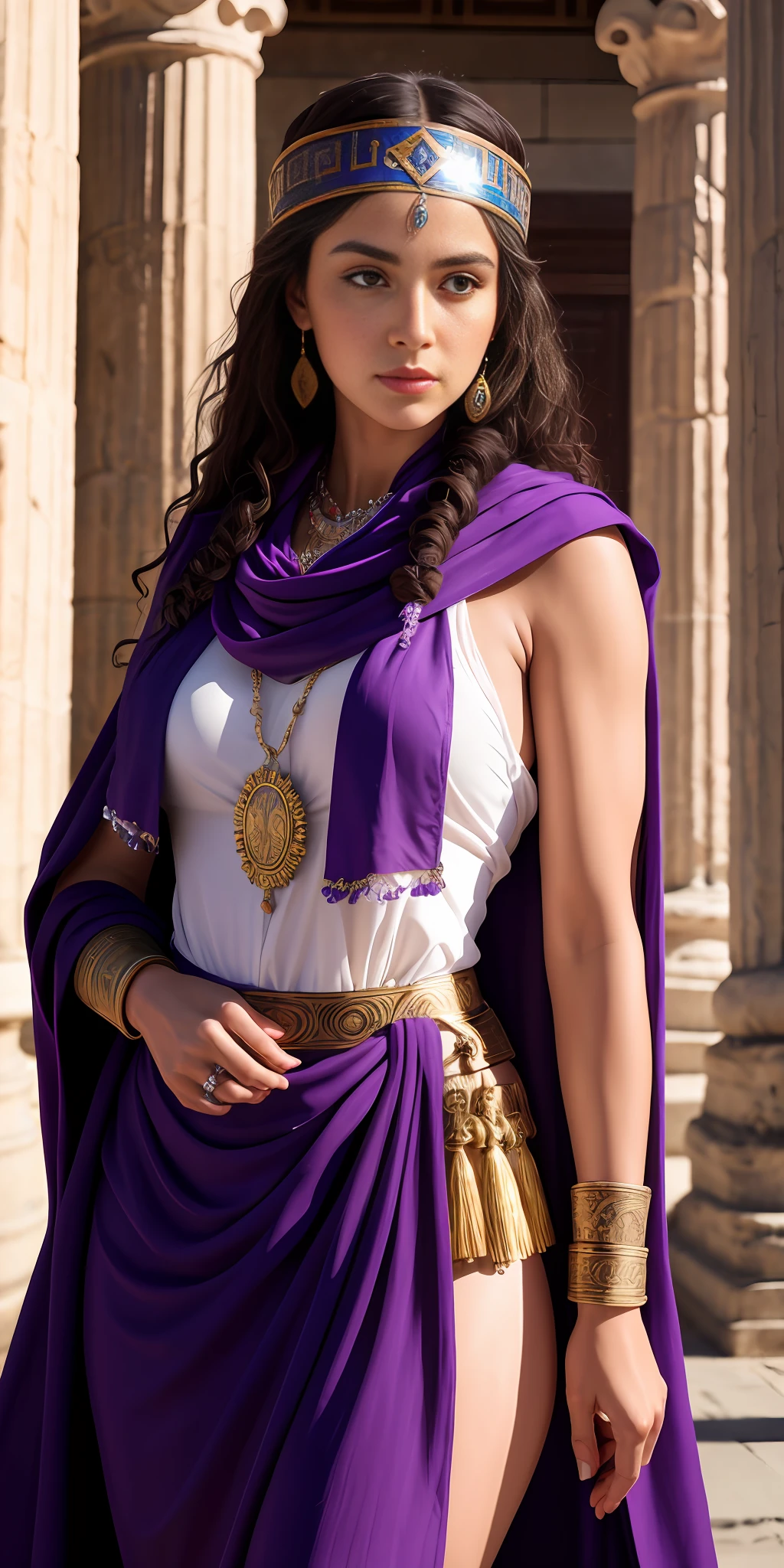 "((high quality image)), perfectly detailed and photorealistic with 8k resolution, fottorealistic, hyperrealistic, intricate details, depicting a beautiful priestess Delphi (Pythian), curly black hair, fleshy lips. She wears a white priestly robe and around her shoulders a purple scarf, and necklaces of protection against evil and a bandana on her forehead. And behind it is a giant statue of Zeus and Greek pillars.