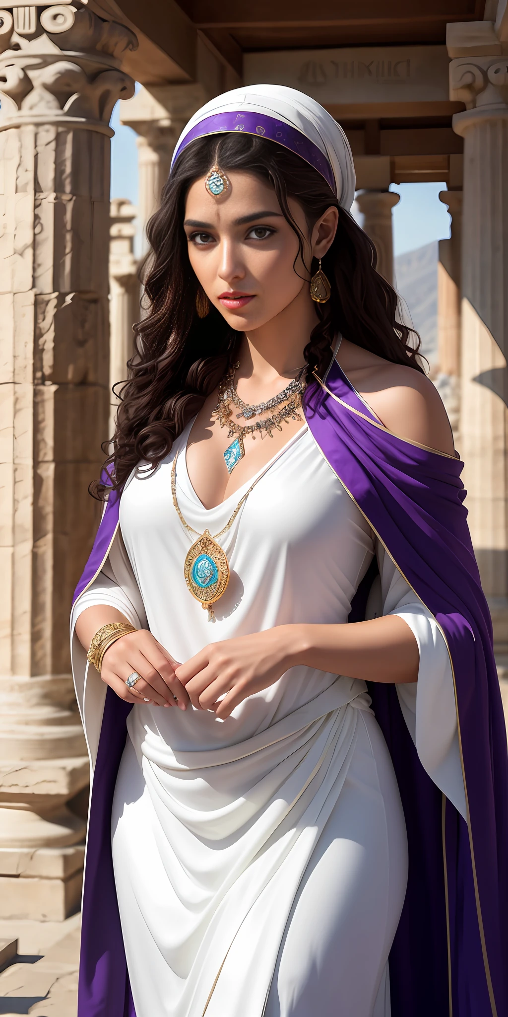 "((high quality image)), perfectly detailed and photorealistic with 8k resolution, fottorealistic, hyperrealistic, intricate details, depicting a beautiful priestess Delphi (Pythian), curly black hair, fleshy lips. She wears a white priestly robe and around her shoulders a purple scarf, and necklaces of protection against evil and a bandana on her forehead. And behind it is a giant statue of Zeus and Greek pillars.