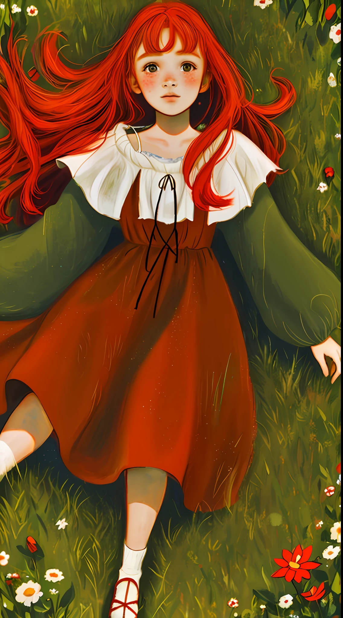 A beautiful and red-haired girl, freckles on her face wearing period dress (peasant), in a field garden, full body (romantic painting style Sarah kay)