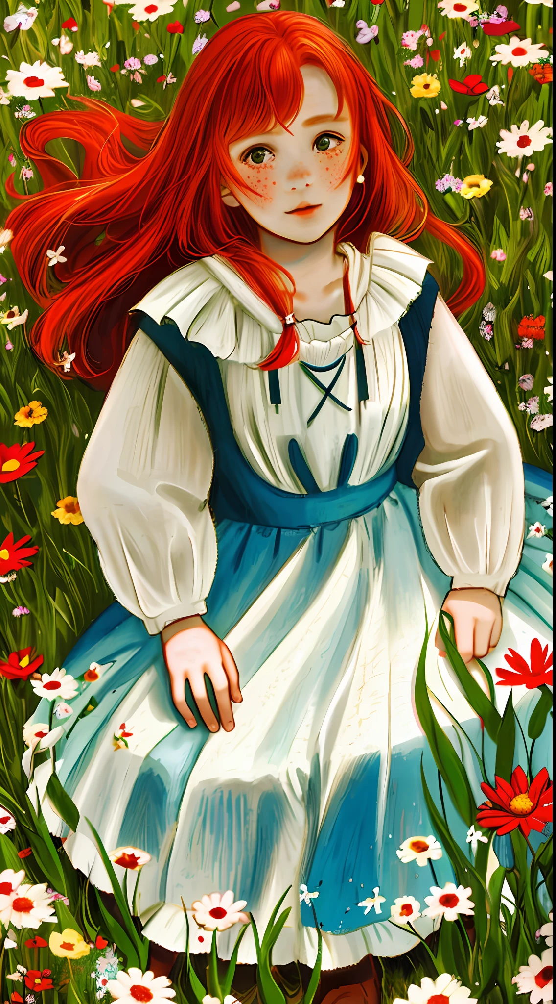 A beautiful and red-haired girl, freckles on her face wearing period dress (peasant), in a field garden, full body (romantic painting style Sarah kay)