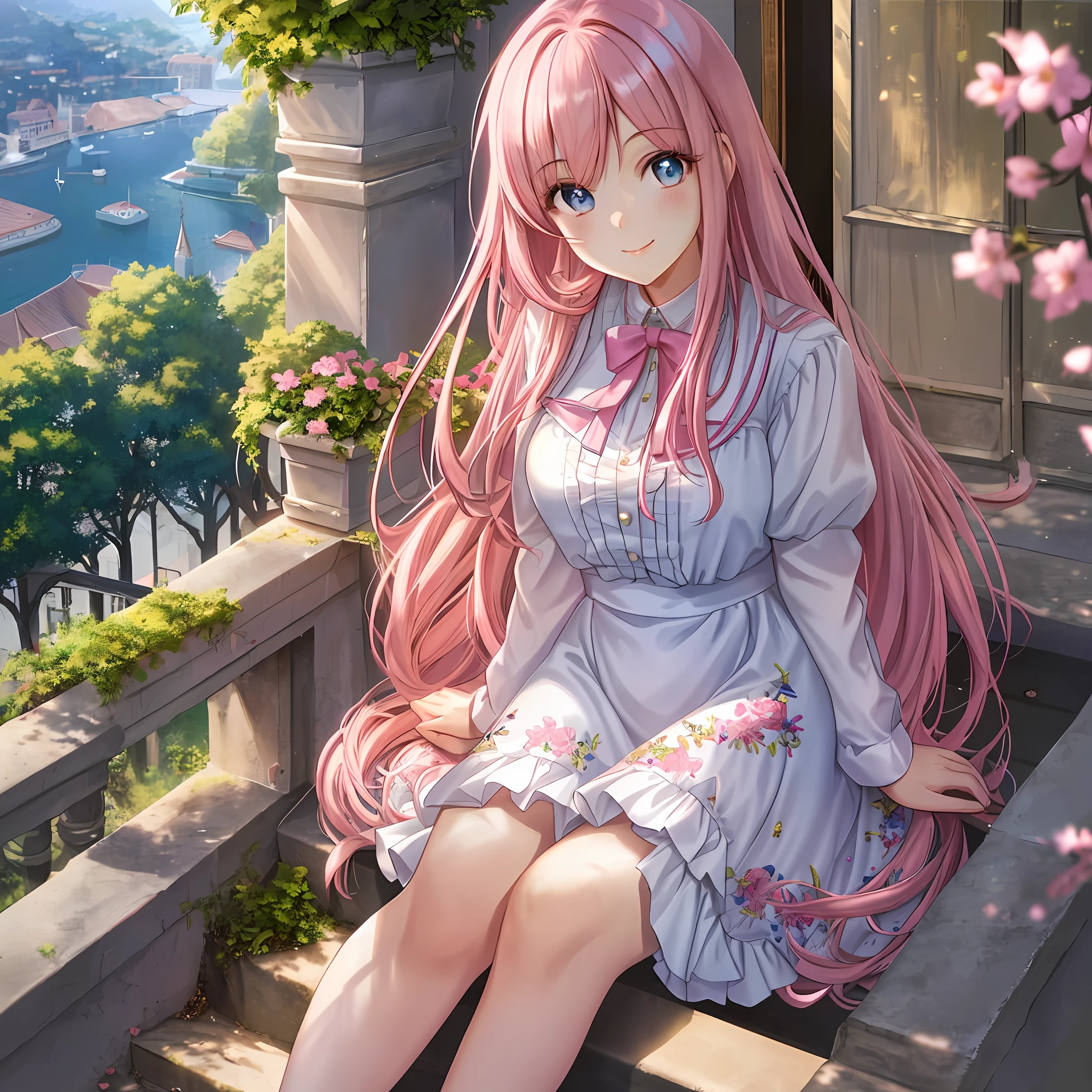 Beautiful girl, pink hair, smiling, long hair, sitting on a staircase, white shirt, thick legs, blouse, embroidered pantyhose, stylish skirt, pink lips, sparkling blue eyes, hyper detailed scenery, (masterpiece), best quality, incredibly beautiful, sunlight, dynamic light, intense shadows