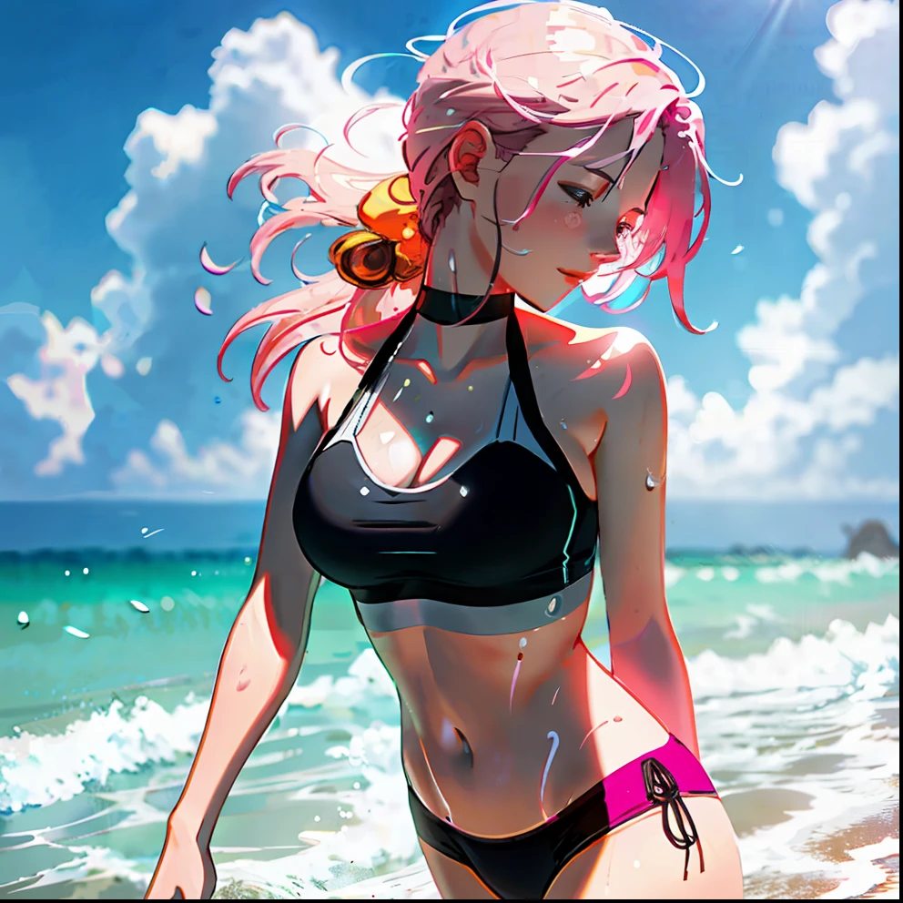 professional photo of a cute sexy happy suggestive woman on the sunny beach, completely soaked in sweat, wind above hair, ultra high quality, volumetric, pink-orange, global illumination, ambient occlusion, masterpiece, omimoji, busy image, awards winner, intricate details, masterpiece, octane render, unreal engine 5, ambient volume, volumetric shades, volumetric color grading