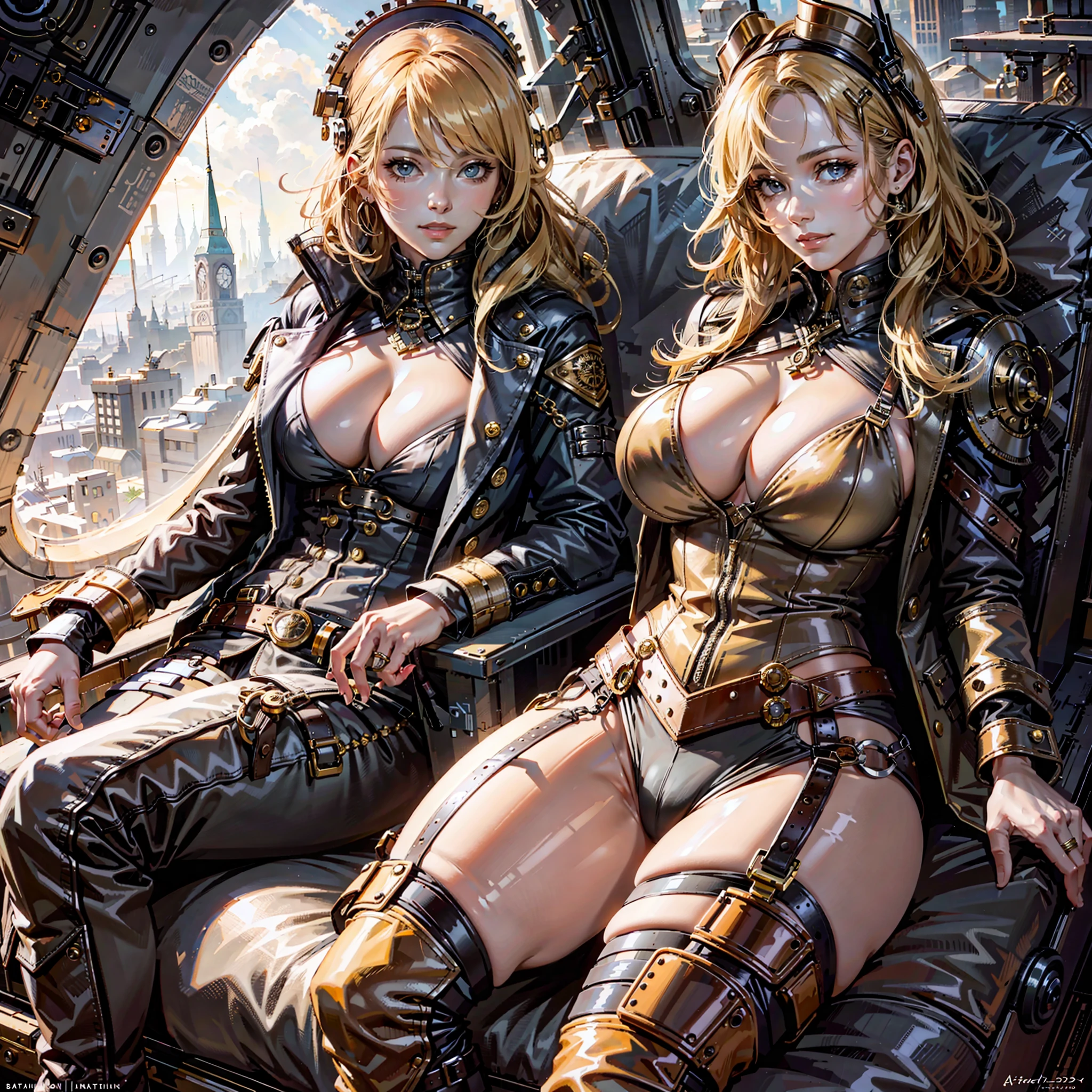 1 young beatiful girl,siting on a steampunk plane,(masterpiece, best quality, highly detailed, trending on artstation,intricate), detailed eyes, steampunk background city, steampunk sexy intricade detail clothes, looking at viewer,sensual face,AVIATOR CLOHTES, aviator HELMET, aviator JACKET, blonde, smiling, cleavage, skin indentation, giganticnatural sagging breast, cameltoe marked,