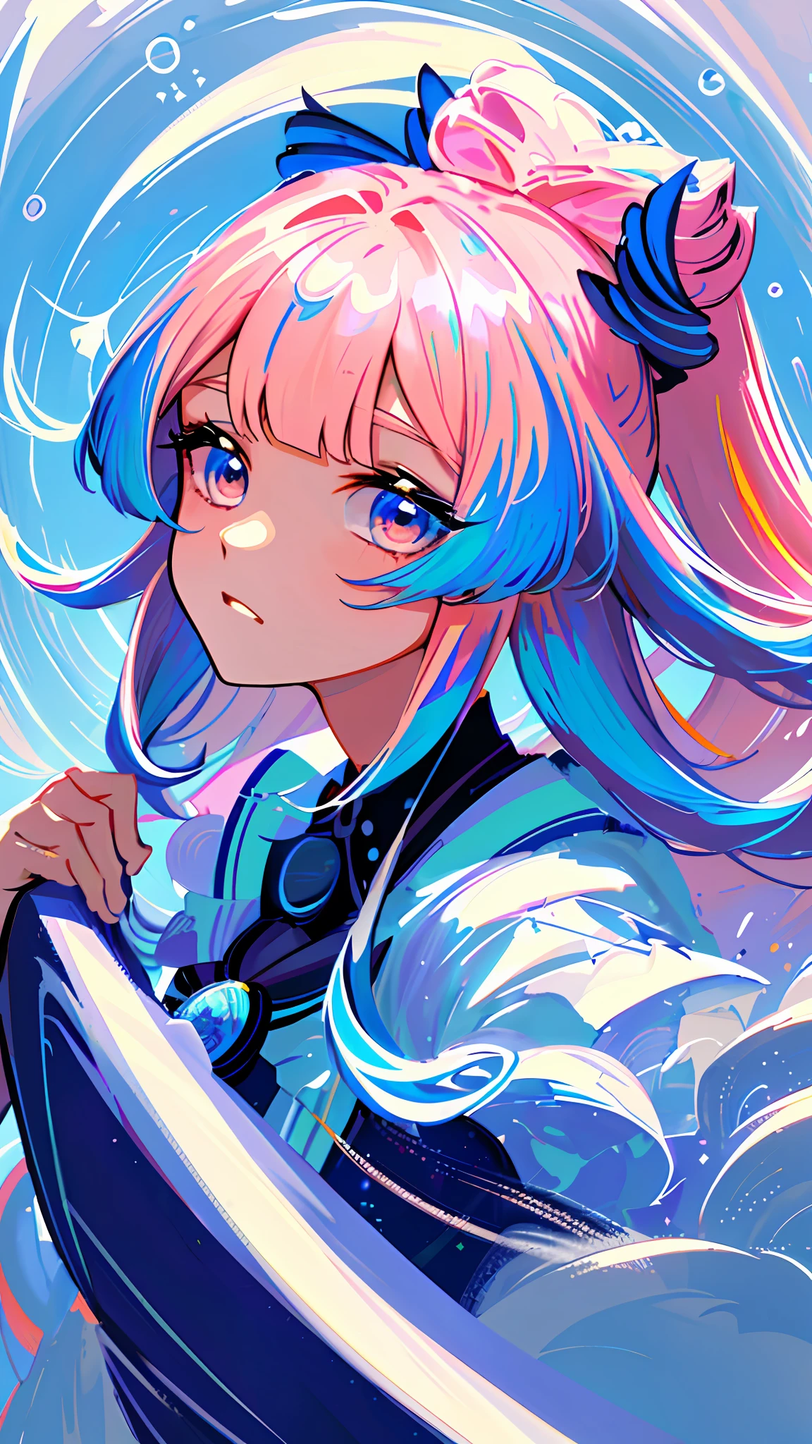 kokomi (masterpiece), (best quality), (ultra detailed),(disheveled hair),(illustration), (1girl), beautifuldetailedeyes,delicate beautiful face,Floating,(high saturation),(colorful splashes),colorful bubble,(shining),focus on face
