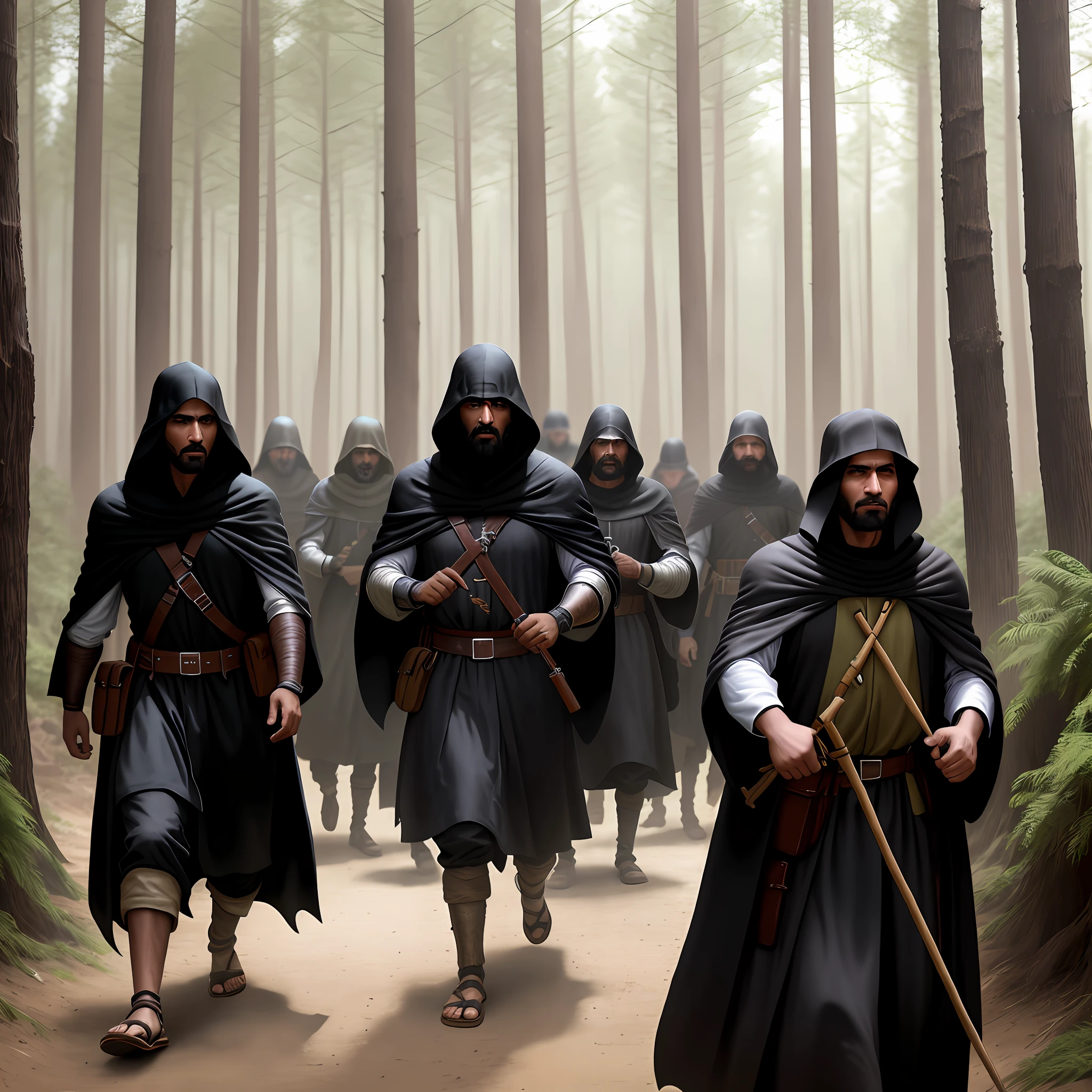 Shout a group of many black-robed Arab bandits into a medieval forest, preparing to attack, in realistic style.