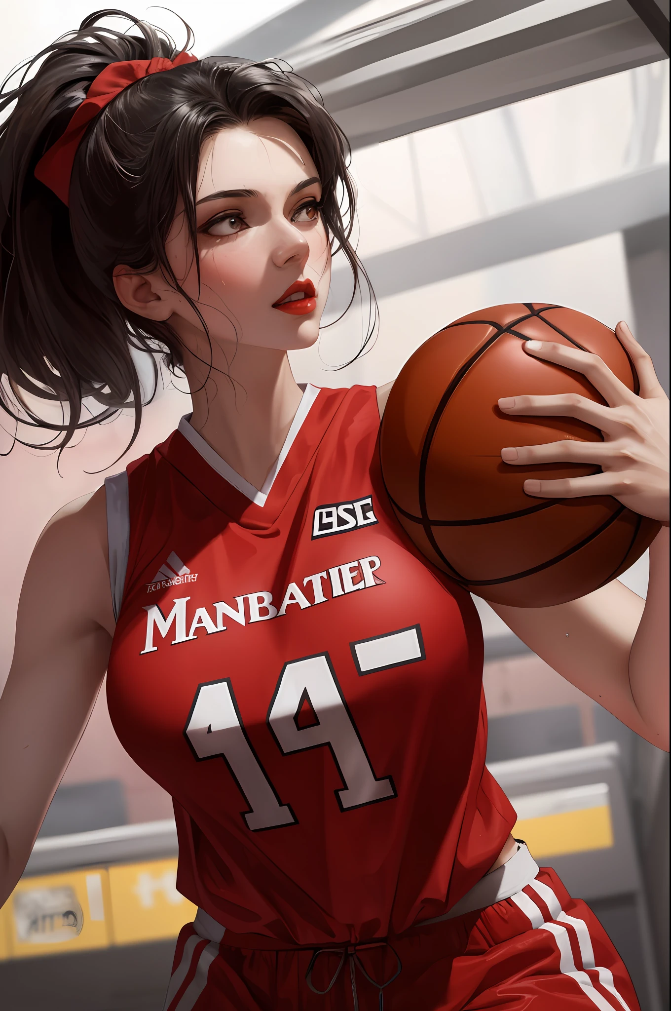 Masterpiece: 1.2, best quality), realistic, (real picture, rich details details, depth of field), (1girl, solo), makeup, cleft lip, high detail, perfect face shape, (big breasts: 1.4), (skindentation ), rough Thighs, Wide Hips, Slim Waist, Tall, Coral, Red Lips, Red Eyes, Ponytail (Girl Playing Basketball, Red Basketball Jersey), (Sweat: 1.2), (Wet), Sexy, Blushing,