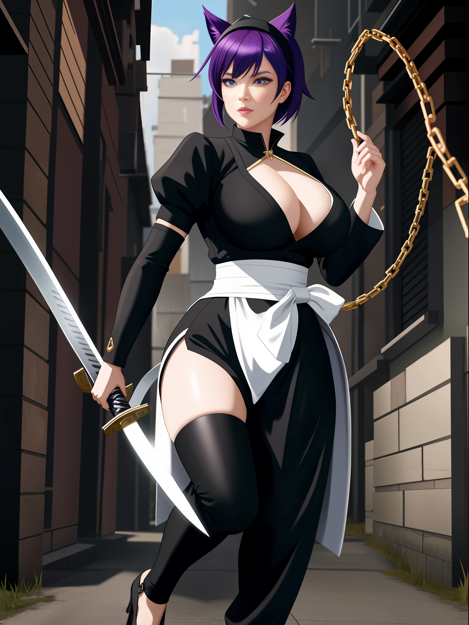 full body, 1 Woman in black costume with white pants, dressed as a maid/Ninja, big breasts, staring at the viewer, holding a katana attached to a chain, she has short purple hair and blue eyes, she is in a dark alley with bandits in the background, grimace, Unreal Engine 5, Mortal Kombat, anime, Action painting, Suprematism, anatomically correct, 16k, masterpiece, best quality, high details, UHD, ccurate