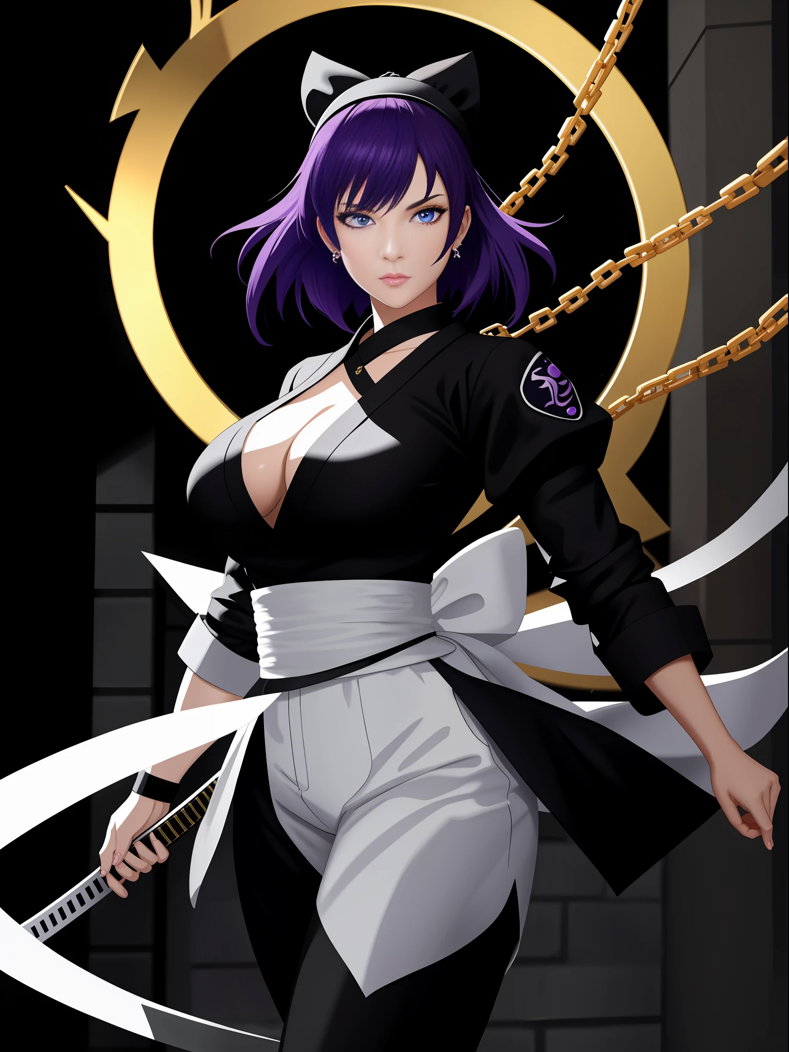 full body, 1 Woman in black costume with white pants, dressed as a maid/Ninja, big breasts, staring at the viewer, holding a katana attached to a chain, she has short purple hair and blue eyes, she is in a dark alley with bandits in the background, grimace, Unreal Engine 5, Mortal Kombat, anime, Action painting, Suprematism, anatomically correct, 16k, masterpiece, best quality, high details, UHD, ccurate