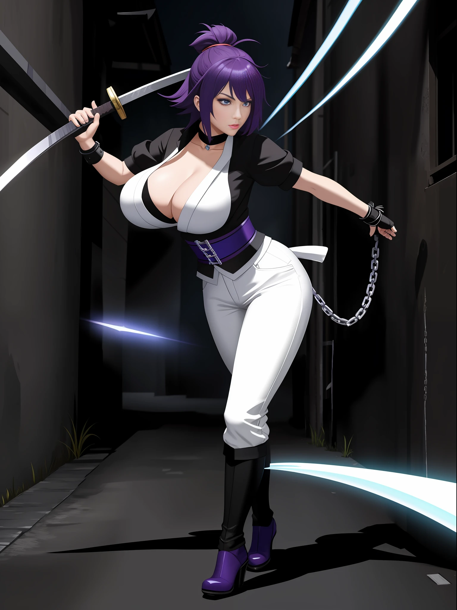 full body, 1 Woman in black costume with white pants, dressed as a maid/Ninja, big breasts, staring at the viewer, holding a katana attached to a chain, she has short purple hair and blue eyes, she is in a dark alley with bandits in the background, grimace, Unreal Engine 5, Mortal Kombat, anime, Action painting, Suprematism, anatomically correct, 16k, masterpiece, best quality, high details, UHD, ccurate