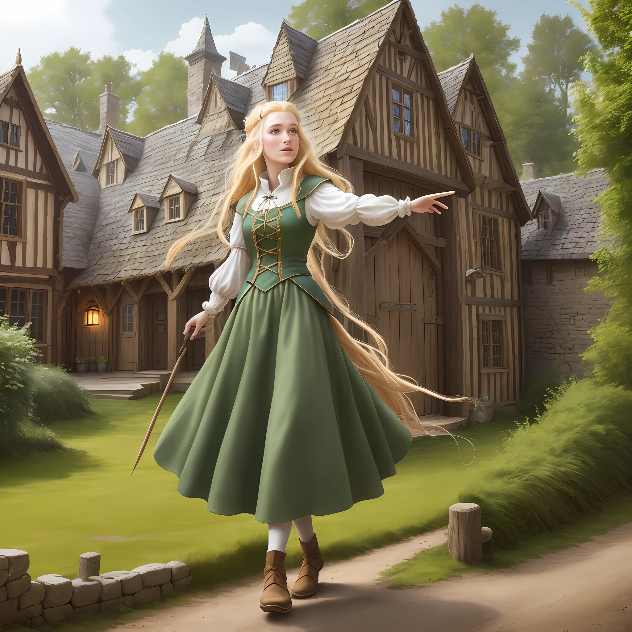 A 3-foot-tall enchantress with blonde hair and freckles in medieval country clothes surrounded by a magical whirlwind in front of a 15-foot rounded rustic wooden building in fantasy style