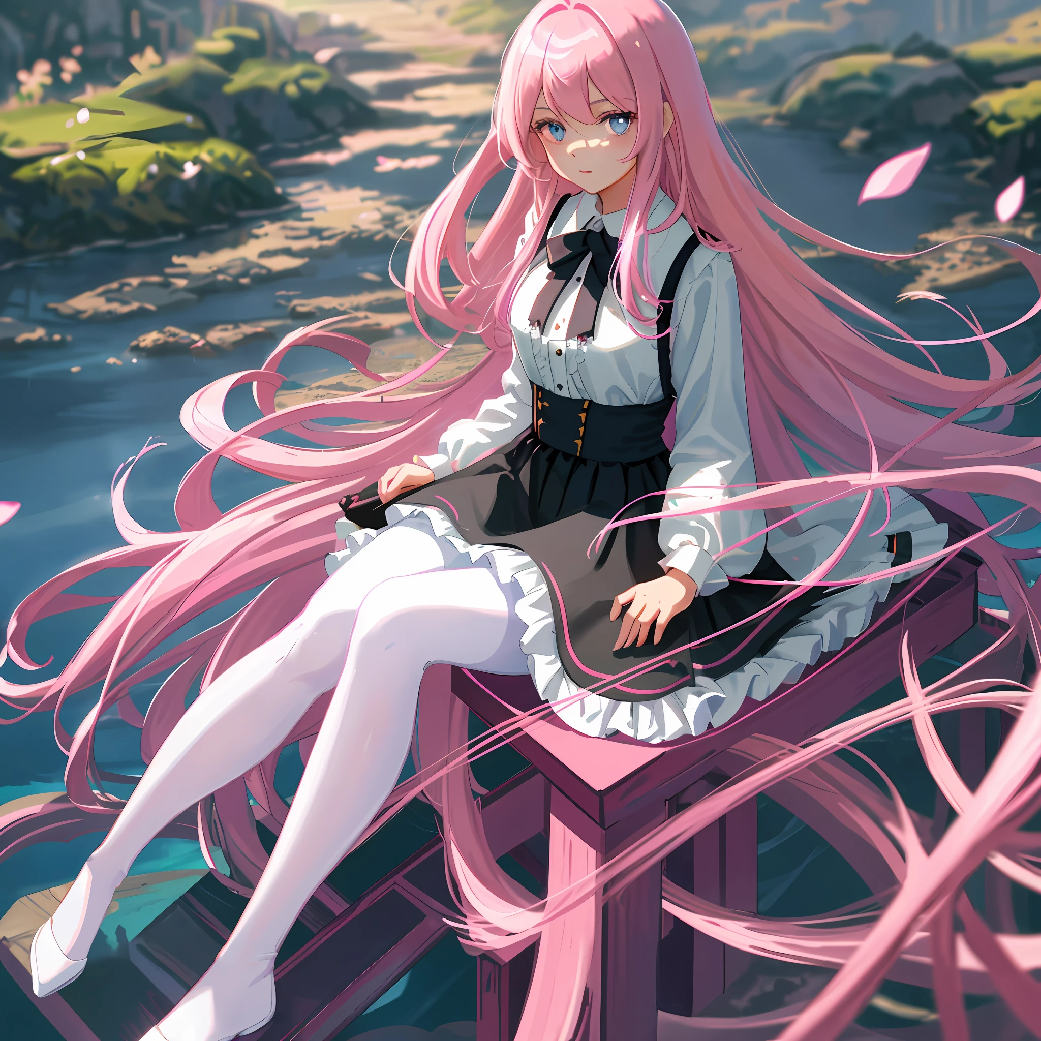 Beautiful girl, pink hair, long hair, sitting on a ladder, white shirt, black blouse, thick legs, embroidered pantyhose, stylish skirt, pink lips, sparkling blue eyes, hyper detailed scenery, (masterpiece), best quality, incredibly beautiful, sunlight, dynamic light, intense shadows
