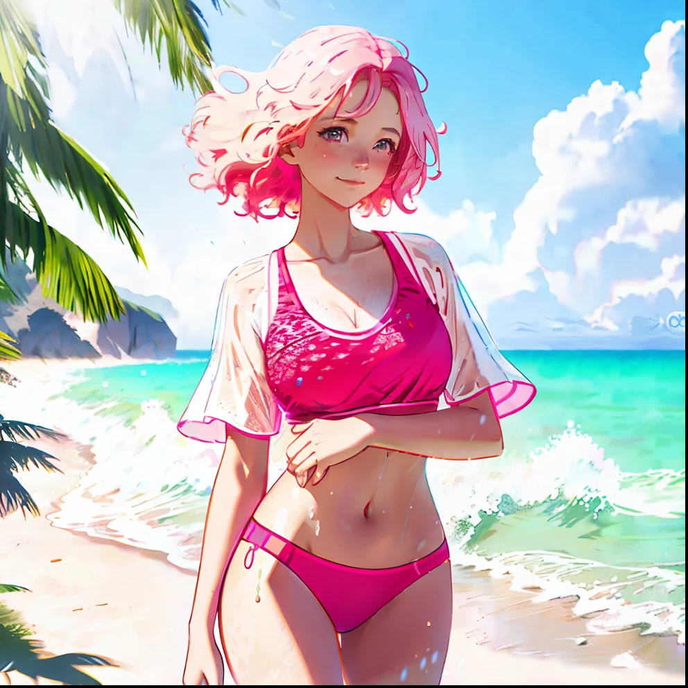 professional photo of a cute sexy happy suggestive woman on the sunny beach, completely soaked in sweat, wind above hair, ultra high quality, volumetric, pink-orange, global illumination, ambient occlusion, masterpiece, omimoji, busy image, awards winner, intricate details, masterpiece, octane render, unreal engine 5, ambient volume, volumetric shades, volumetric color grading