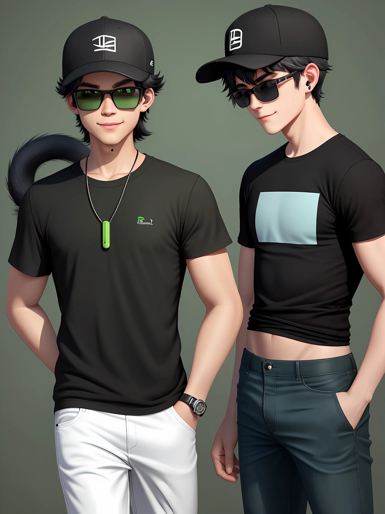 Teenage boy, with black hat and green brim, short dark green hair, smiling. Rayban sports sunglasses, open green shirt with black shirt underneath, light blue jeans torn at the knee, white sneakers, monkey tail on the back black, light skin, earphone jack over the head, running happily, cartoon, 3D, 8K, ultra realistic, earphone and black monkey tail on the back, more full-bodied, more rounded chin