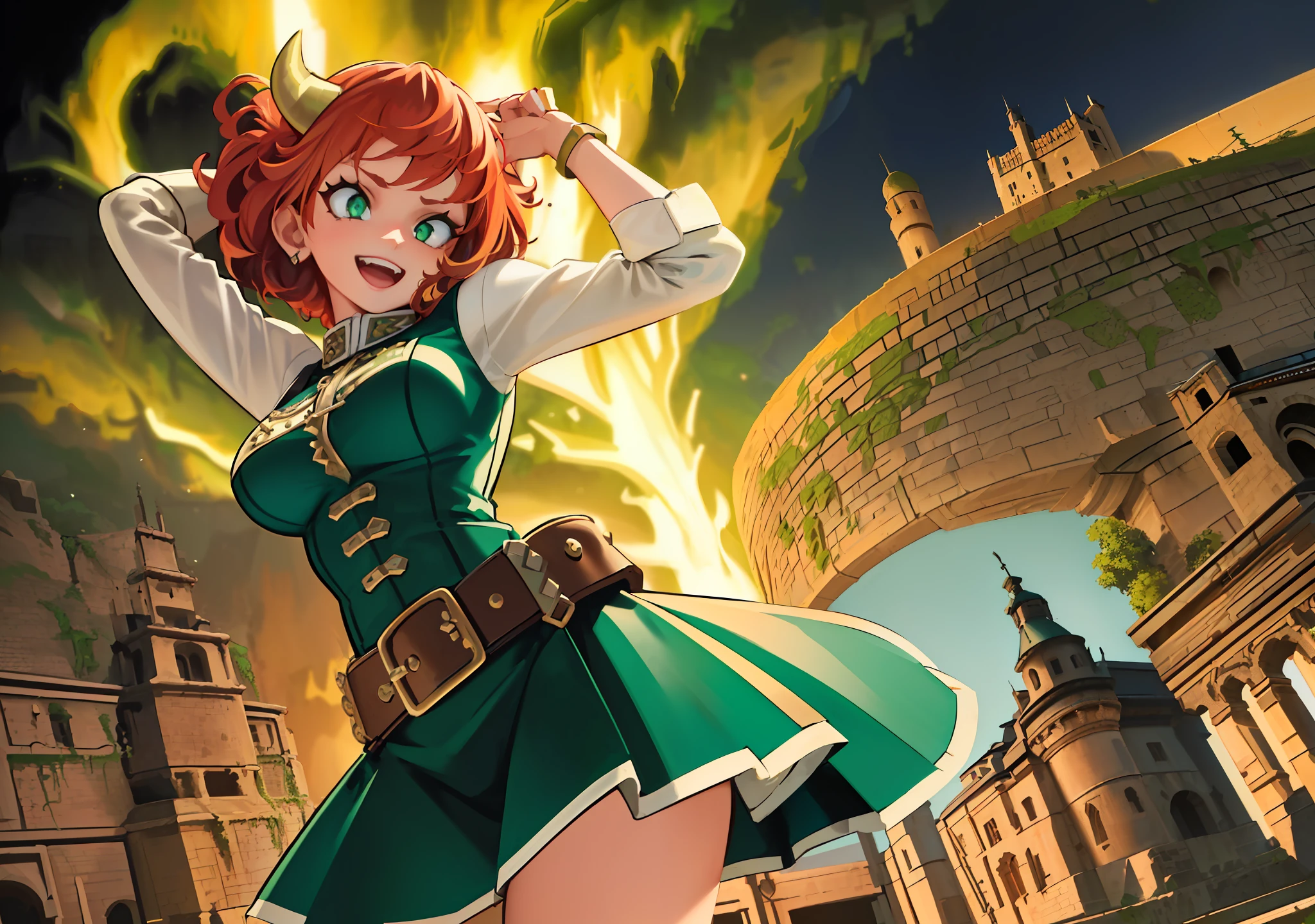 1girl, cute, big breasts, looking at viewer, :D, solo, (ginger haired girl with green eyes and black horns:1.2),
(realistic:1.2), (realism), (masterpiece:1.2), (best quality), (ultra detailed), (8k, 4k, intricate),(full-body-shot:1),(Cowboy-shot:1.2), (85mm),light particles, lighting, (highly detailed:1.2),(detailed face:1.2), (gradients), sfw,
(detailed ladscape, castle, dungeon:1.2),(detailed background),detailed landscape, (dynamic angle:1.2), (dynamic pose:1.2), (rule of third_composition:1.3), (Line of action:1.2), wide shot, solo,