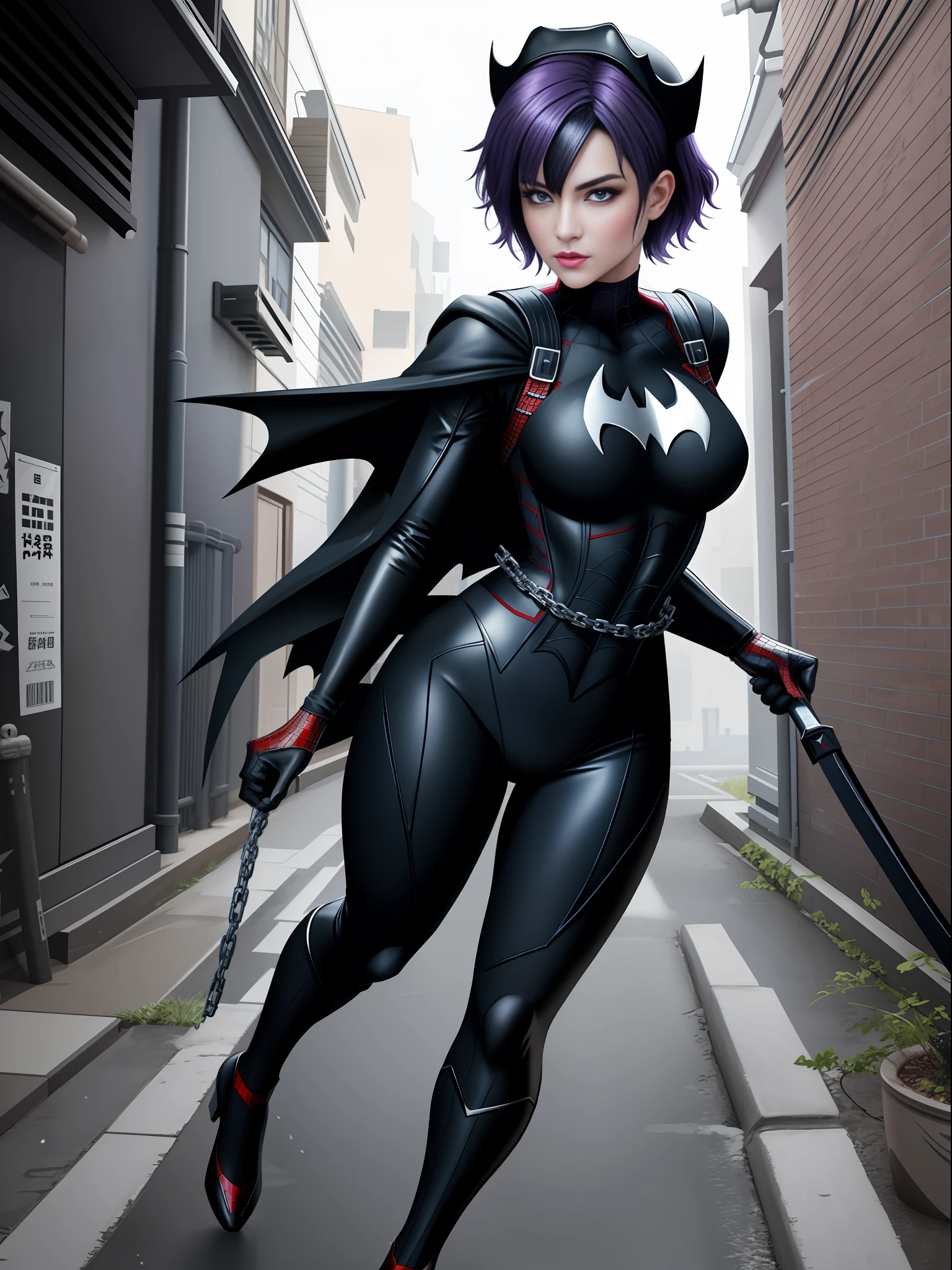full body, 1 Woman in black suit with white pants, dressed as a ((maid/Ninja/Batman/Spiderman)), XL bust size, staring at the viewer, holding a katana attached to a chain, she has short purple hair and blue eyes, is in an alley dark with bandits in the background, grimace, Unreal Engine 5, Mortal Kombat, anime, Action painting, Suprematism, anatomically correct, 16k, masterpiece, best quality, high details, UHD, ccurate