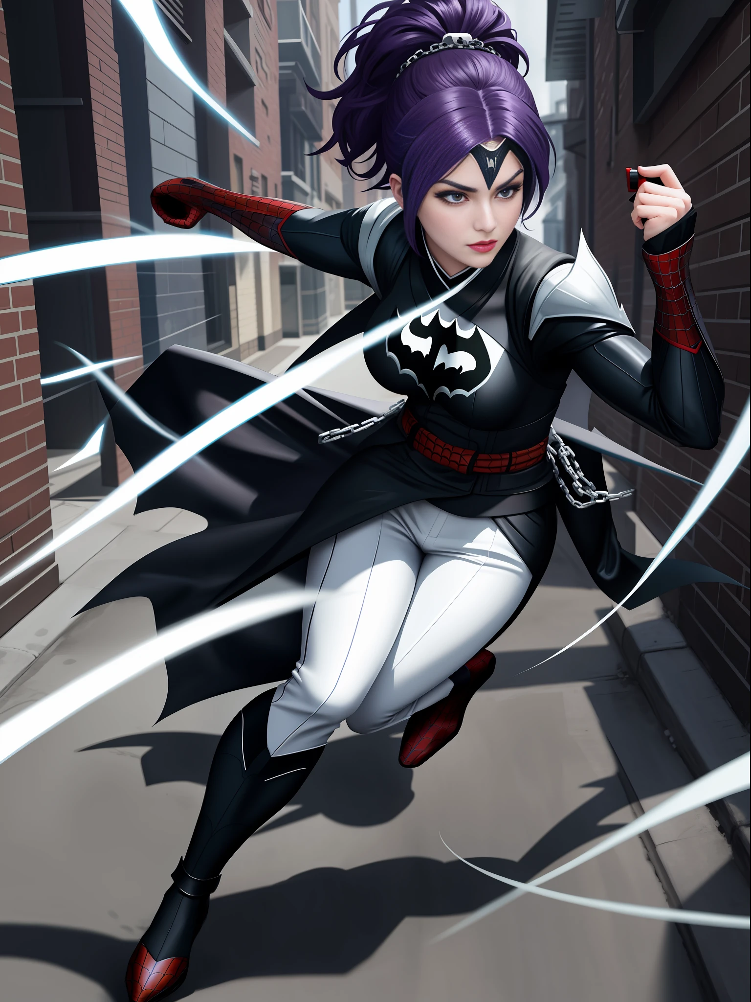 full body, 1 Woman in black suit with white pants, dressed as a ((maid/Ninja/Batman/Spiderman)), XL bust size, staring at the viewer, holding a katana attached to a chain, she has short purple hair and blue eyes, is in an alley dark with bandits in the background, grimace, Unreal Engine 5, Mortal Kombat, anime, Action painting, Suprematism, anatomically correct, 16k, masterpiece, best quality, high details, UHD, ccurate