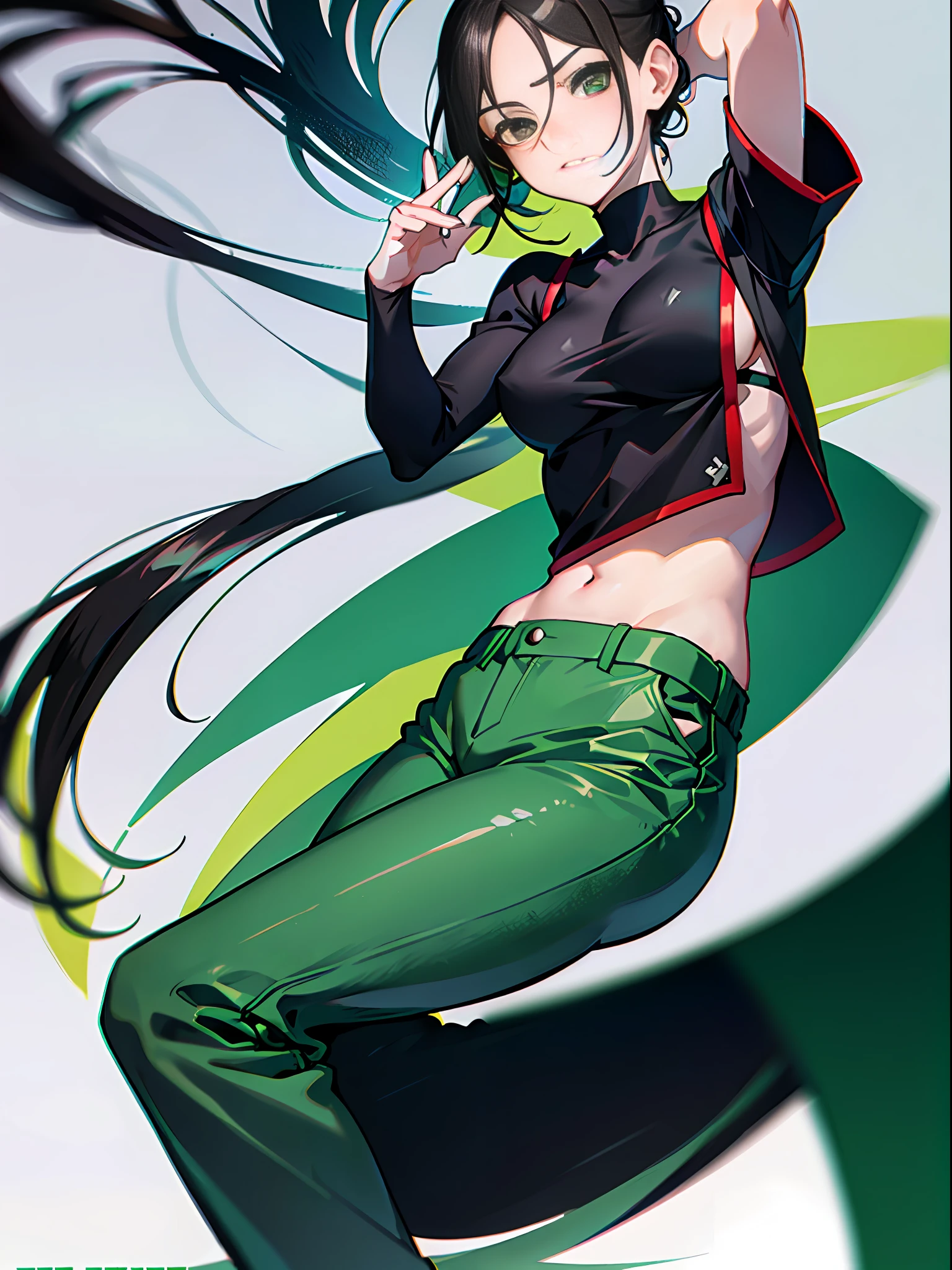 Green eyes, long black hair, crop top, low-rise pants, female karate, hair tied pose, full body portrait