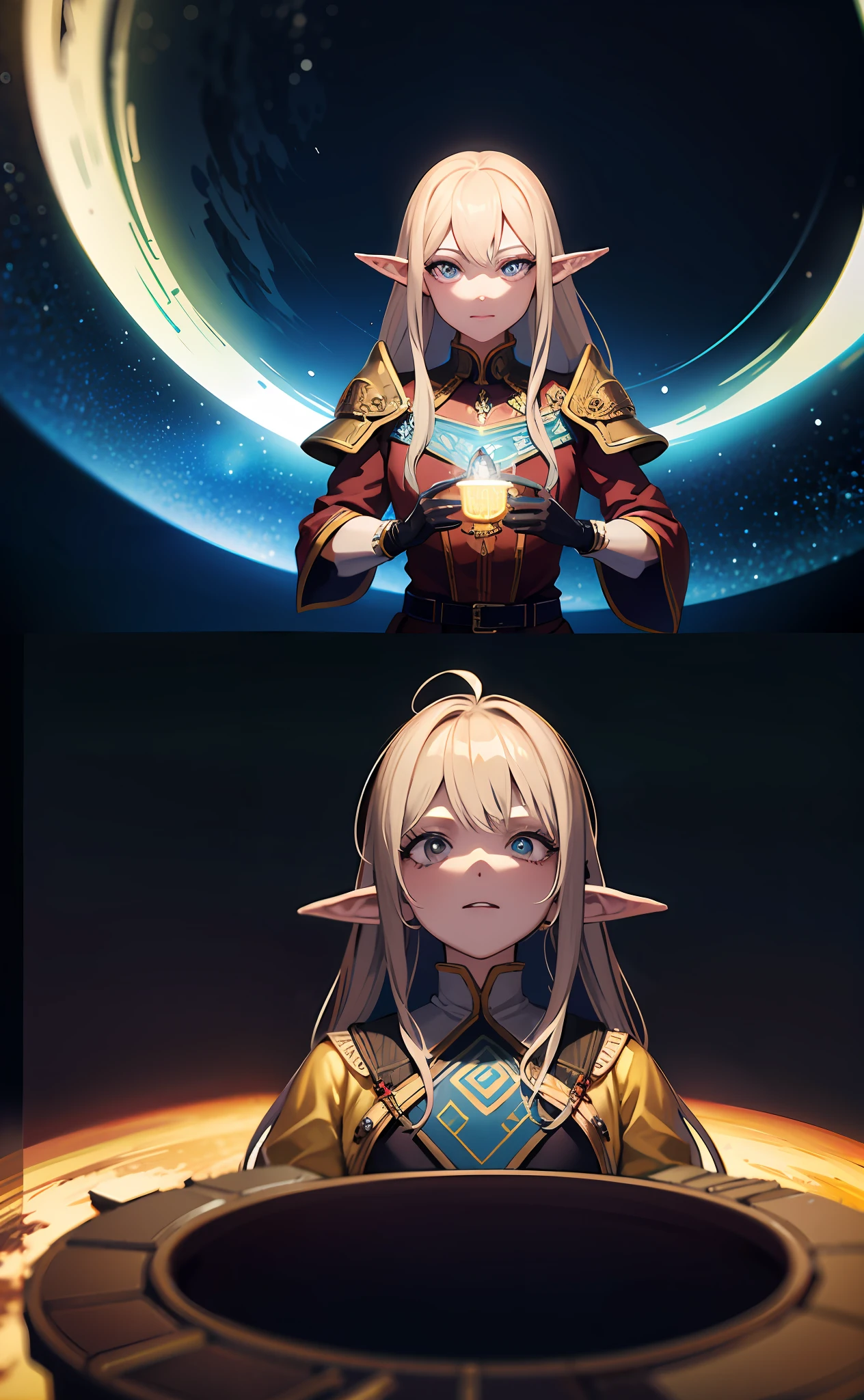 "Generate an illustration of the highest quality, ultra-detail, and 4K depicting a noble high elf with the God King reigning on the throne in an electronic space that simulates outer space."