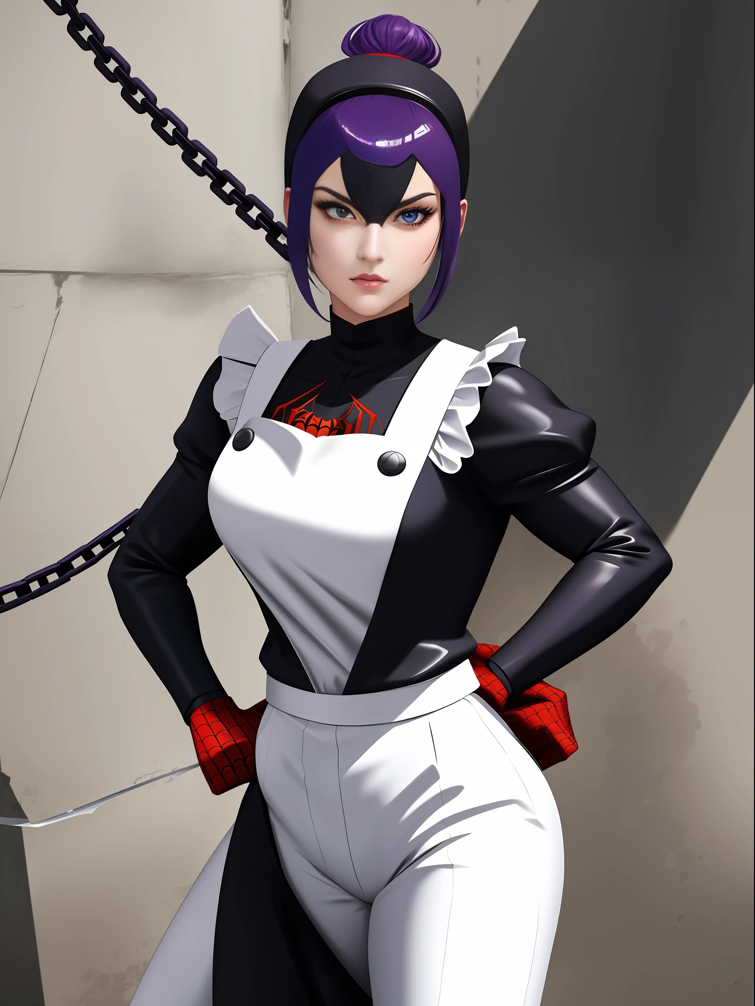 full body, 1 Woman in black suit with white pants, dressed as a ((maid/Ninja/Batman/Spiderman)), XL bust size, staring at the viewer, holding a katana attached to a chain, she has short purple hair and blue eyes, is in an alley dark with bandits in the background, grimace, Unreal Engine 5, Mortal Kombat, anime, Action painting, Suprematism, anatomically correct, 16k, masterpiece, best quality, high details, UHD, ccurate
