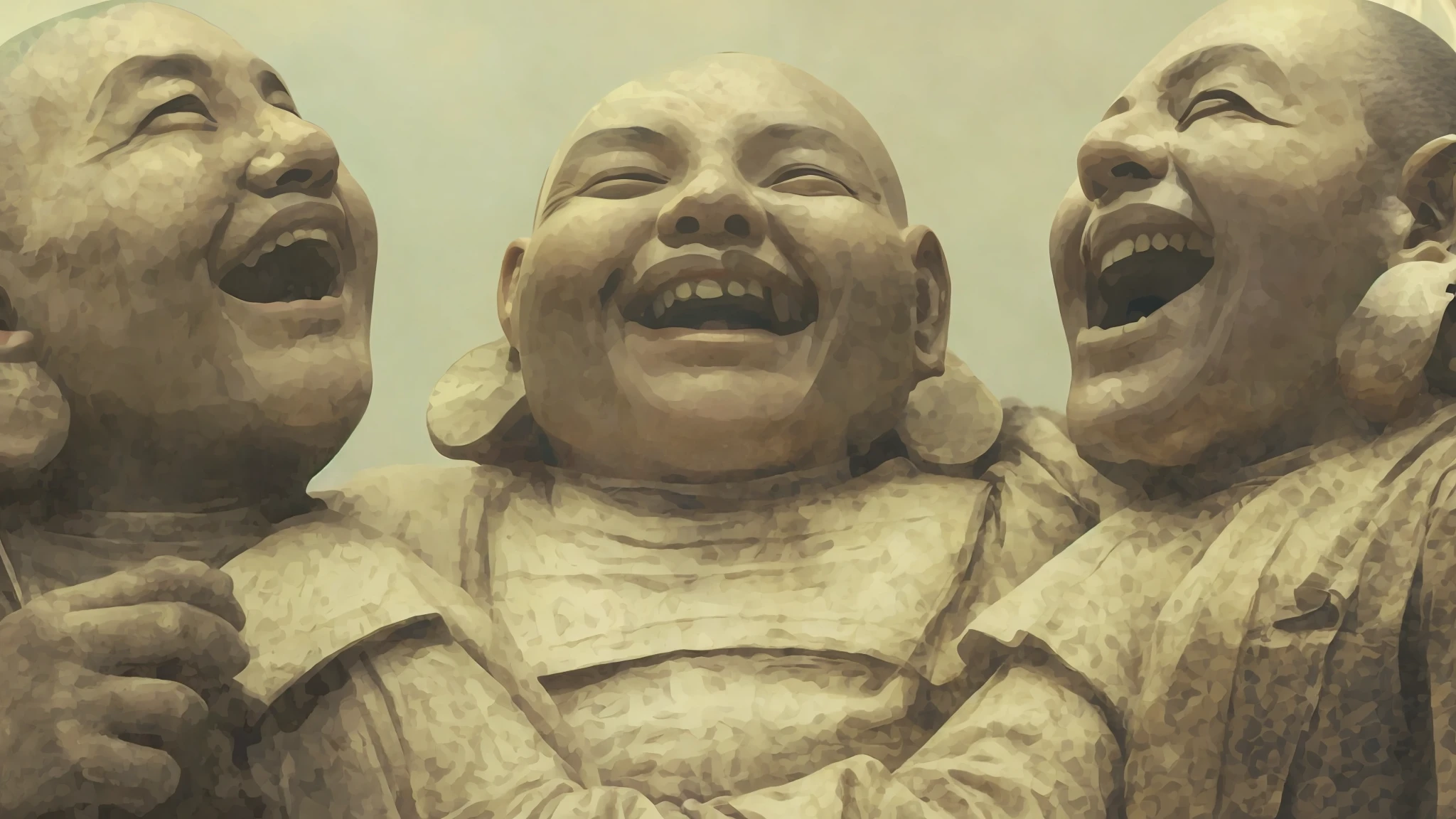 3 monks smiling, a faithful copy of the original image, well detailed, high quality, high definition, perfect picture, beautiful smile, beautiful smile