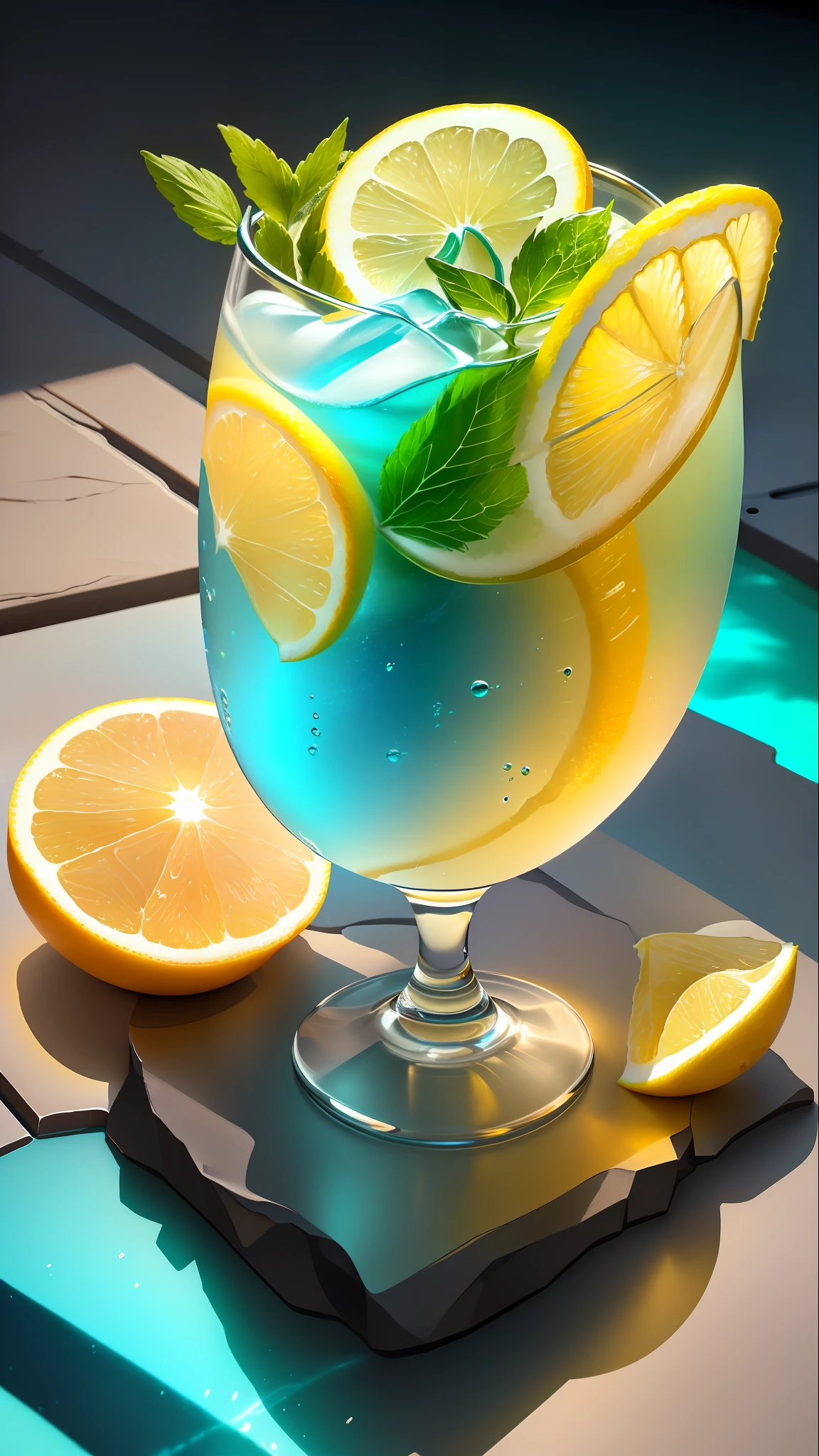 Masterpiece, best quality, (very detailed CG Unity 8k wallpaper), (best quality), (best illustration), (best shadow), drinking a glass of soda on a stone, a soft drink with lemon, mint leaves and bubbles, yellow gradient to blue, very cool, colorful straws, isometric 3D, octane rendering, ray tracing, very detailed