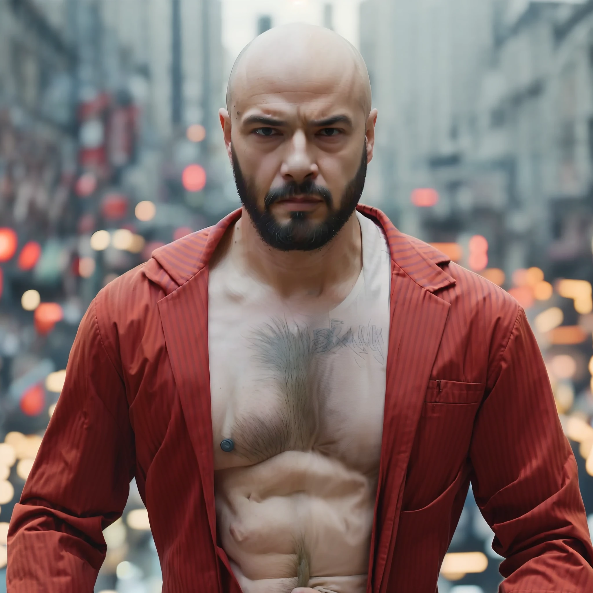 (35mmstyle:1) Artstyle Medium Shot Portrait Photo The captivating film is still a selling forceful Japanese bald man with amazing expressions and body language, fragments of a giant explosion in New York City are happening out of focus in the background, depth of field, epic, anarchy, Armageddon