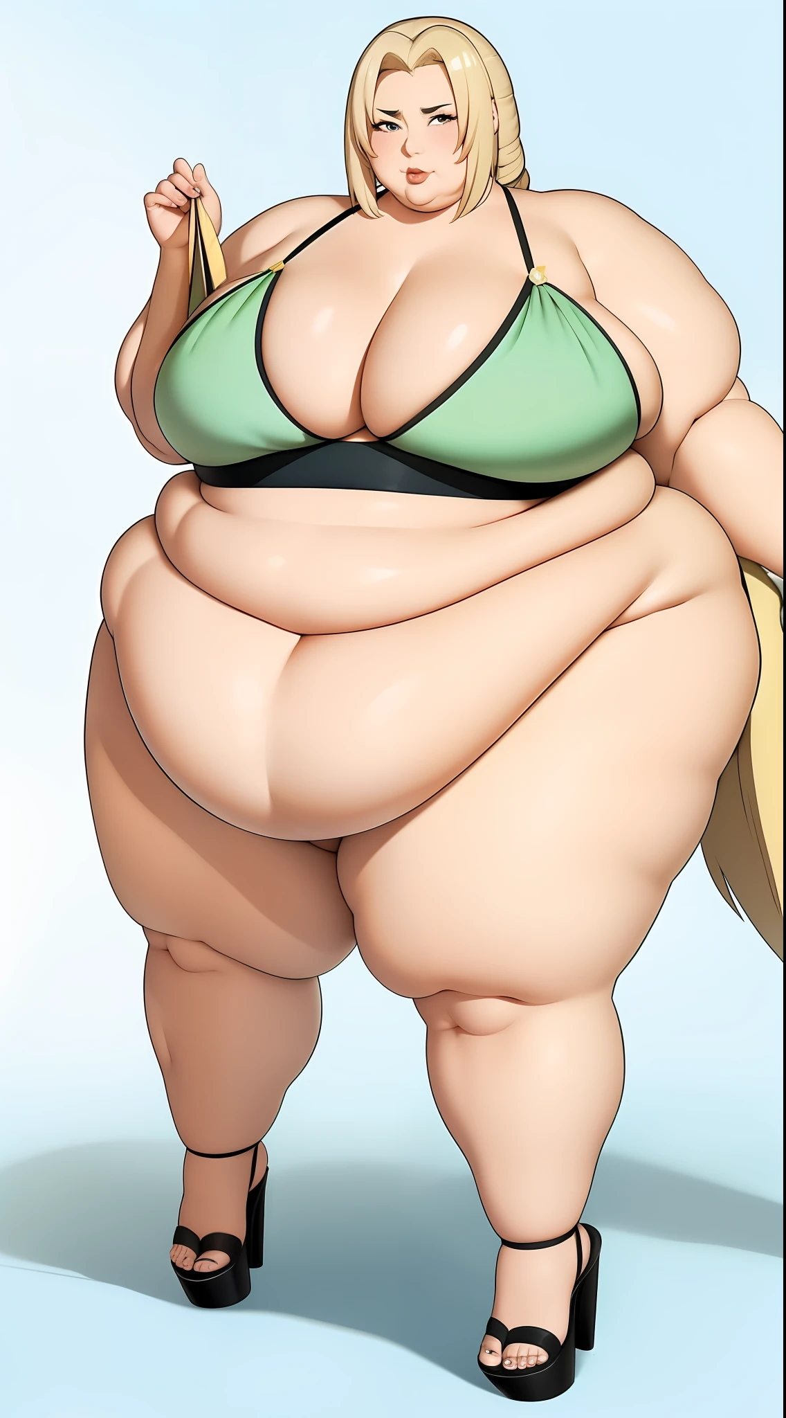 ssbbw, puffy and swealing body, beautiful and hot morbidly obese tsunade wearing Clear Strap Platform Stiletto Heeled Mule Sandals, Fashion Summer Heeled Sandals. fat rolls layering onto each other and hanging down over her clothes. belly protruding far out. stomach having 70 inches in diameter.