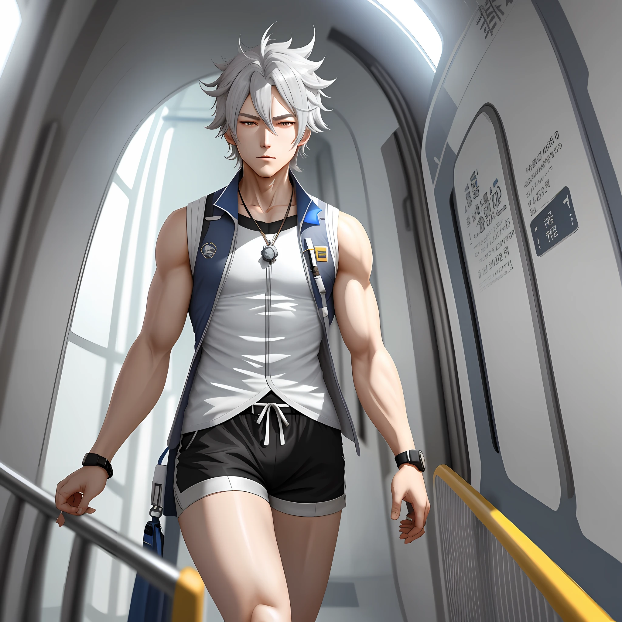 A character star in Honkai Star Dome Railway. Long silver-gray hair, wearing a white vest and shorts