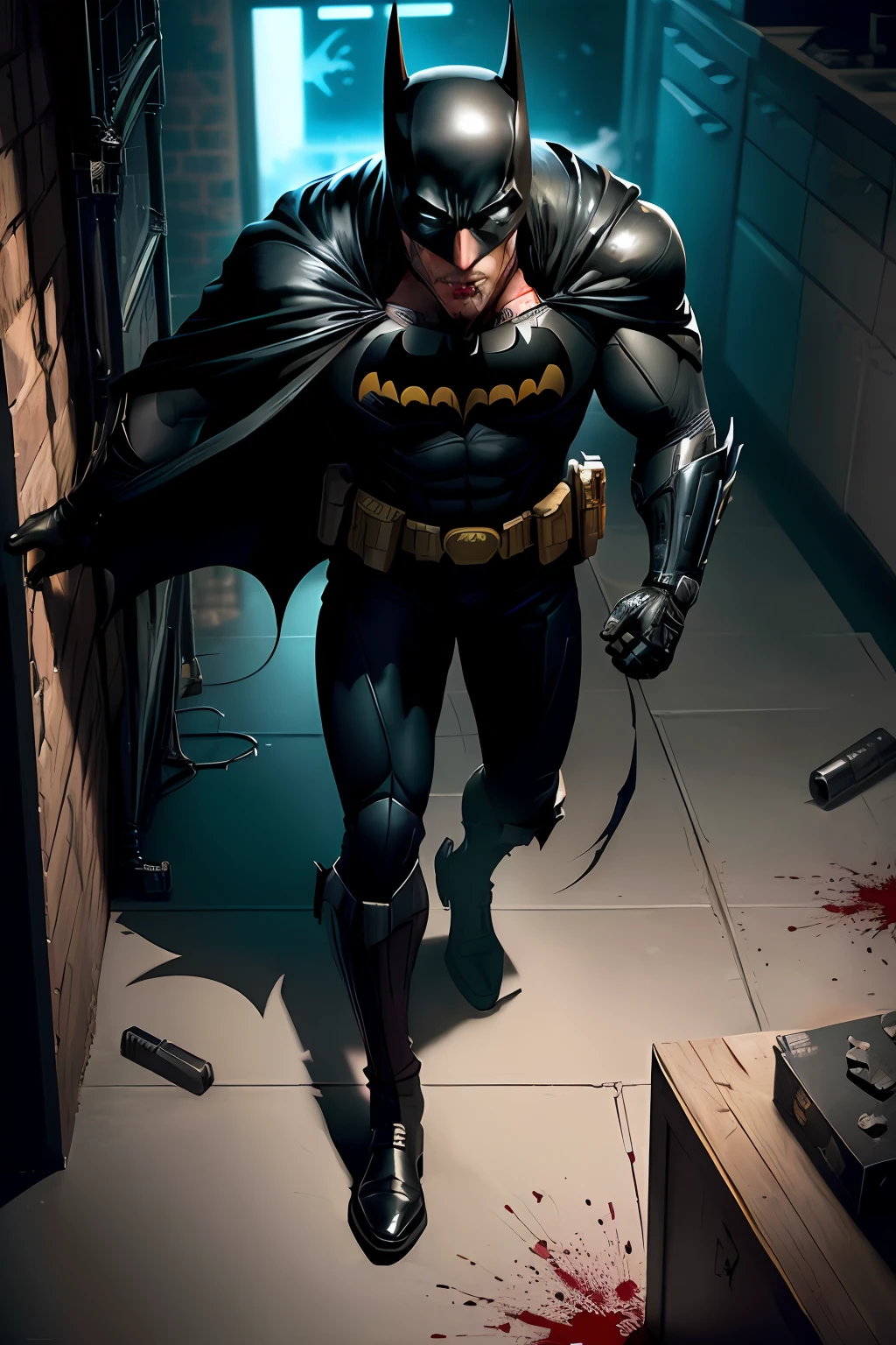 draw Batman in an action scene investigating a crime committed by the villainous Penguin's gang, he checks fingerprints with a magnifying glass on the walls, tables, and boxes thrown on the floor, there is a lot of blood on the floor and Batman realizes that the cyberpunks want to kill him lo, more blood on the floor, marks of machine gun projectiles on the walls because the scene is of Batman investigating a crime because the villains Penguin and Joker want to dominate and change the name of Gotham City to Dark City, 64k, Realistic or Cartoon, detailed, high definicion, ultra resolution, illustrations, fingers, legs,