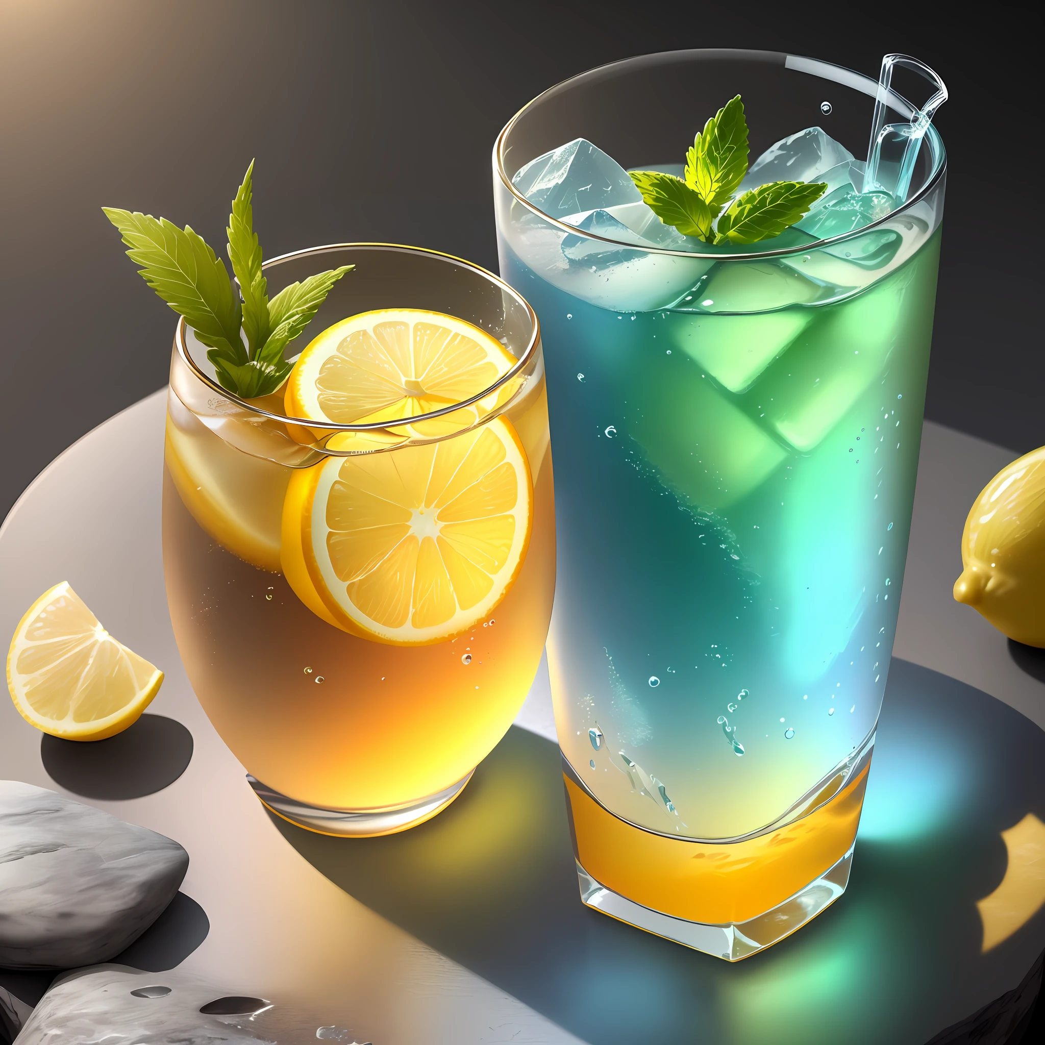 Masterpiece, best quality, (very detailed CG Unity 8k wallpaper), (best quality), (best illustration), (best shadow), drinking a glass of soda on a stone, a soft drink with lemon, mint leaves and bubbles, yellow gradient to blue, very cool, colorful straws, isometric 3D, octane rendering, ray tracing, very detailed