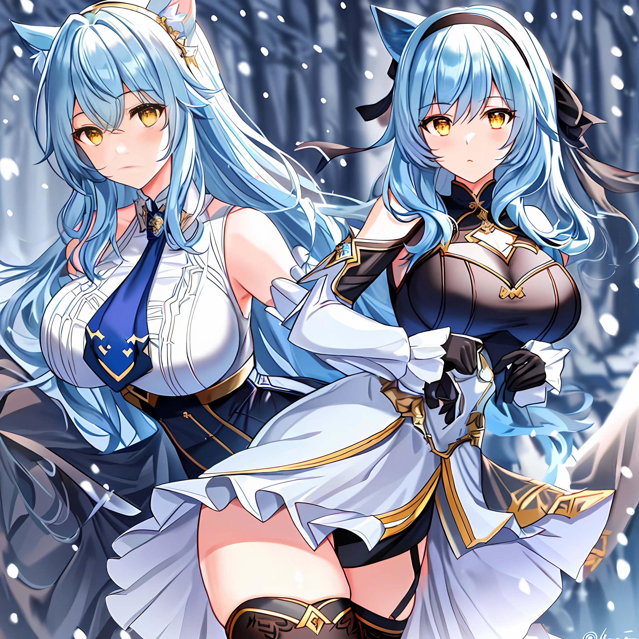 ((masterpiece, best quality)), (1girl),((mature female)), lightblue hair,thighhighs, hairband, thighs, long sleeves, gloves,  bangs, dark golden yellow eyes, medium hair, leotard, hair ornament, black hairband, shoulder cutout, black thighhighs, blue necktie, (large breasts:1.2), (busty),armpits, tying hair,curvy,cleavage,confident, [wide hips],snowing,nature, eula \(genshin impact\), pov, cat ears