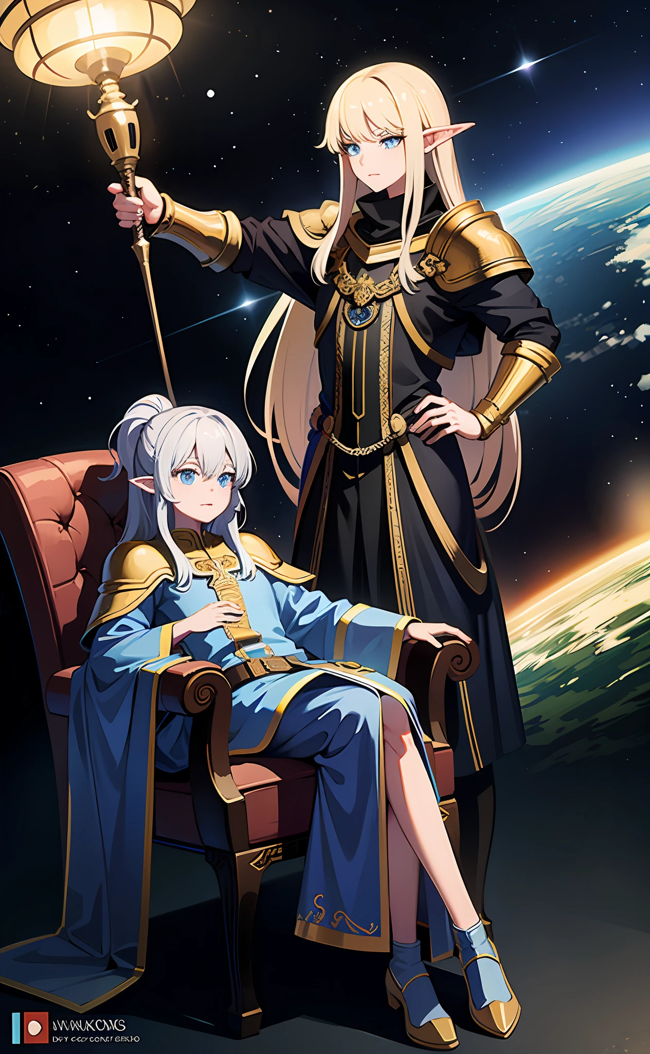 "Generate an illustration of the highest quality, ultra-detail, and 4K depicting a noble high elf with the God King reigning on the throne in an electronic space that simulates outer space."