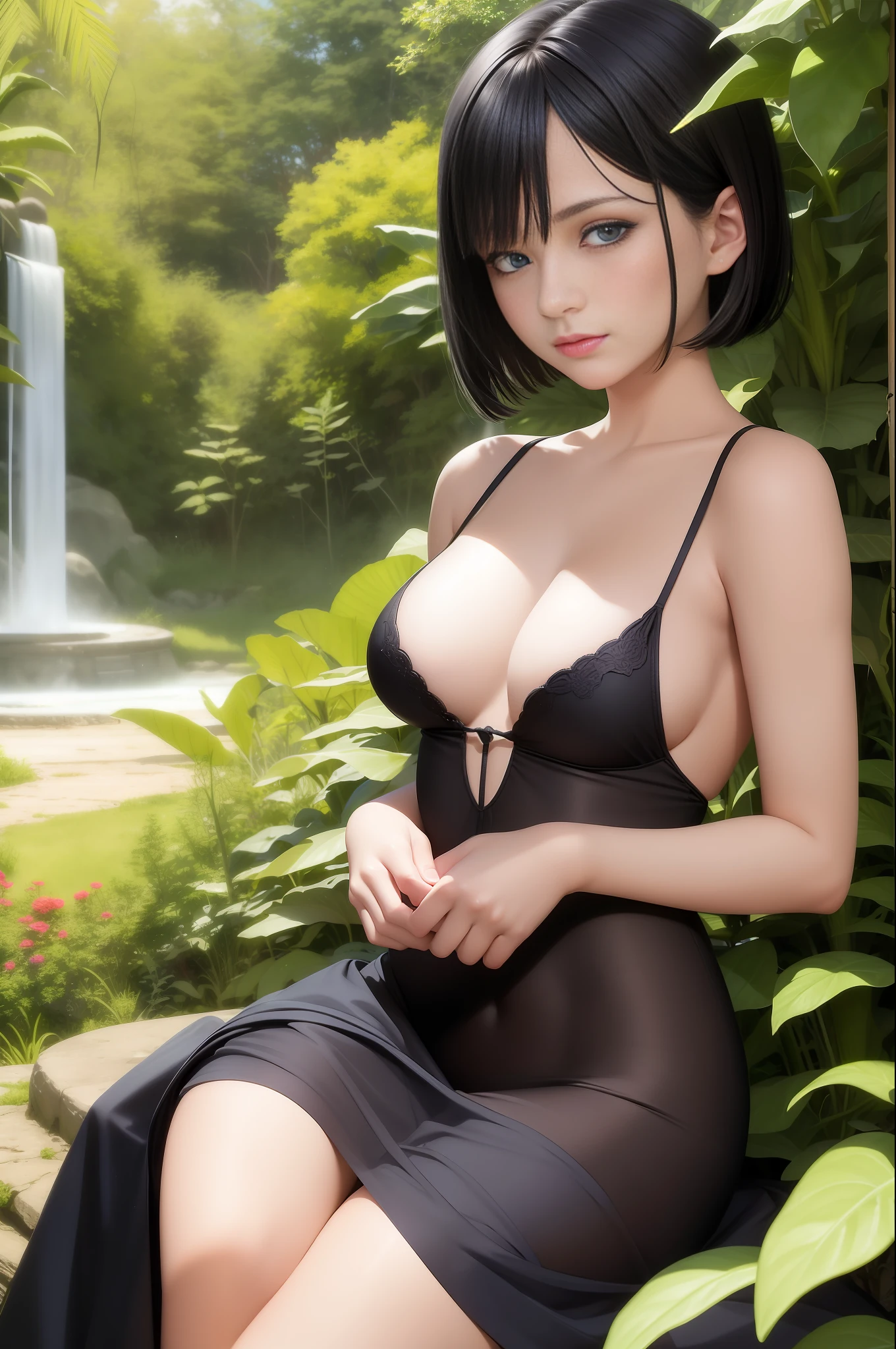 best quality, masterpiece,Black short hair, blue eyes, in the garden, ultra realistic, photorealistic, detailed, perfact body, in the jungle, cloudy, open mouth, blush, wearin Indian dress, sleevless, bare shoulder, unconcerned, NSFW, cute, contrast, unconcerned, unconcerne