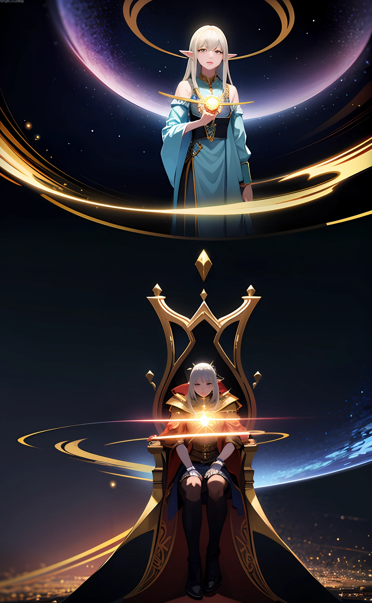 "Generate an illustration of the highest quality, ultra-detail, and 4K depicting a noble high elf with the God King reigning on the throne in an electronic space that simulates outer space."