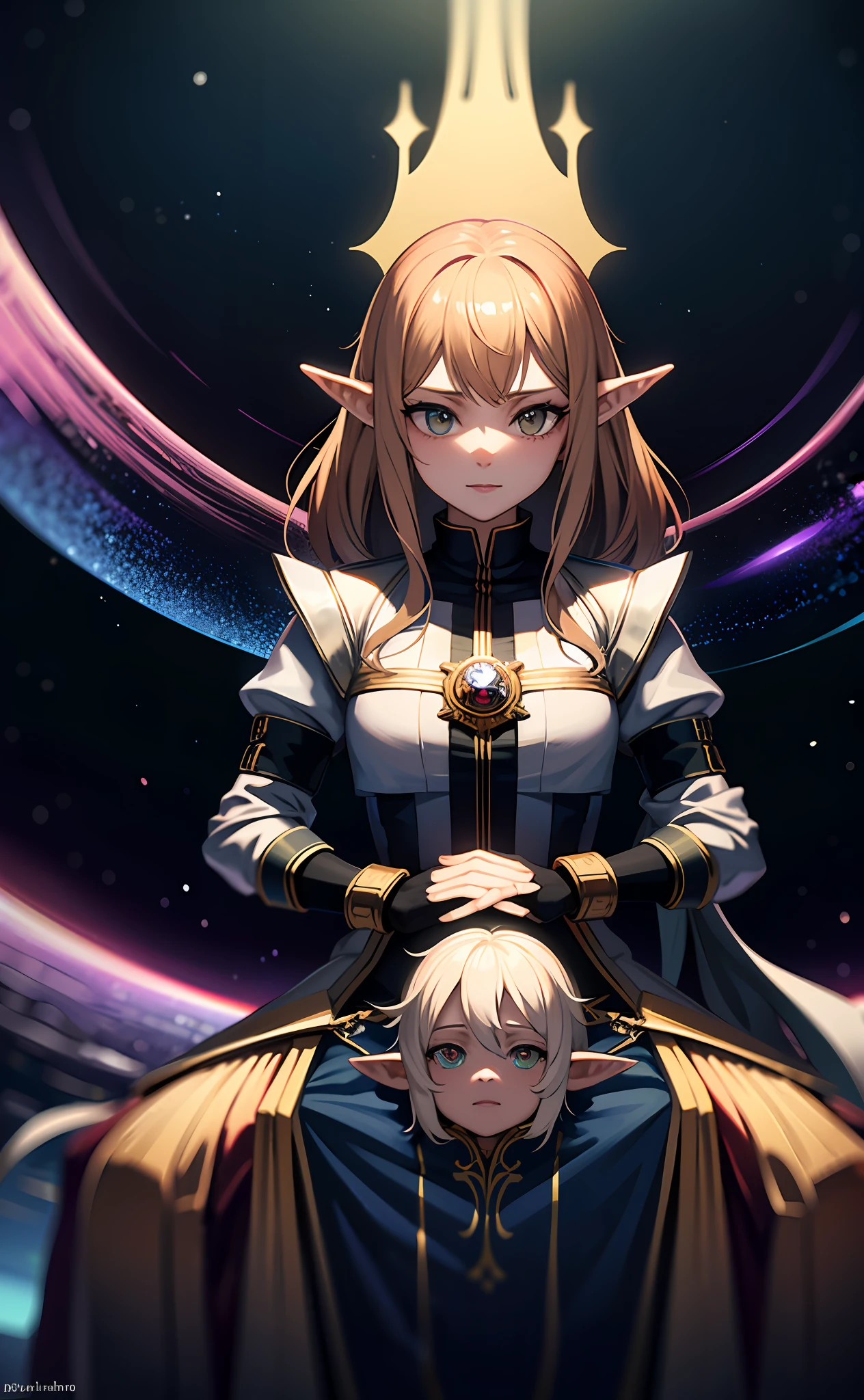 "Generate an illustration of the highest quality, ultra-detail, and 4K depicting a noble high elf with the God King reigning on the throne in an electronic space that simulates outer space."