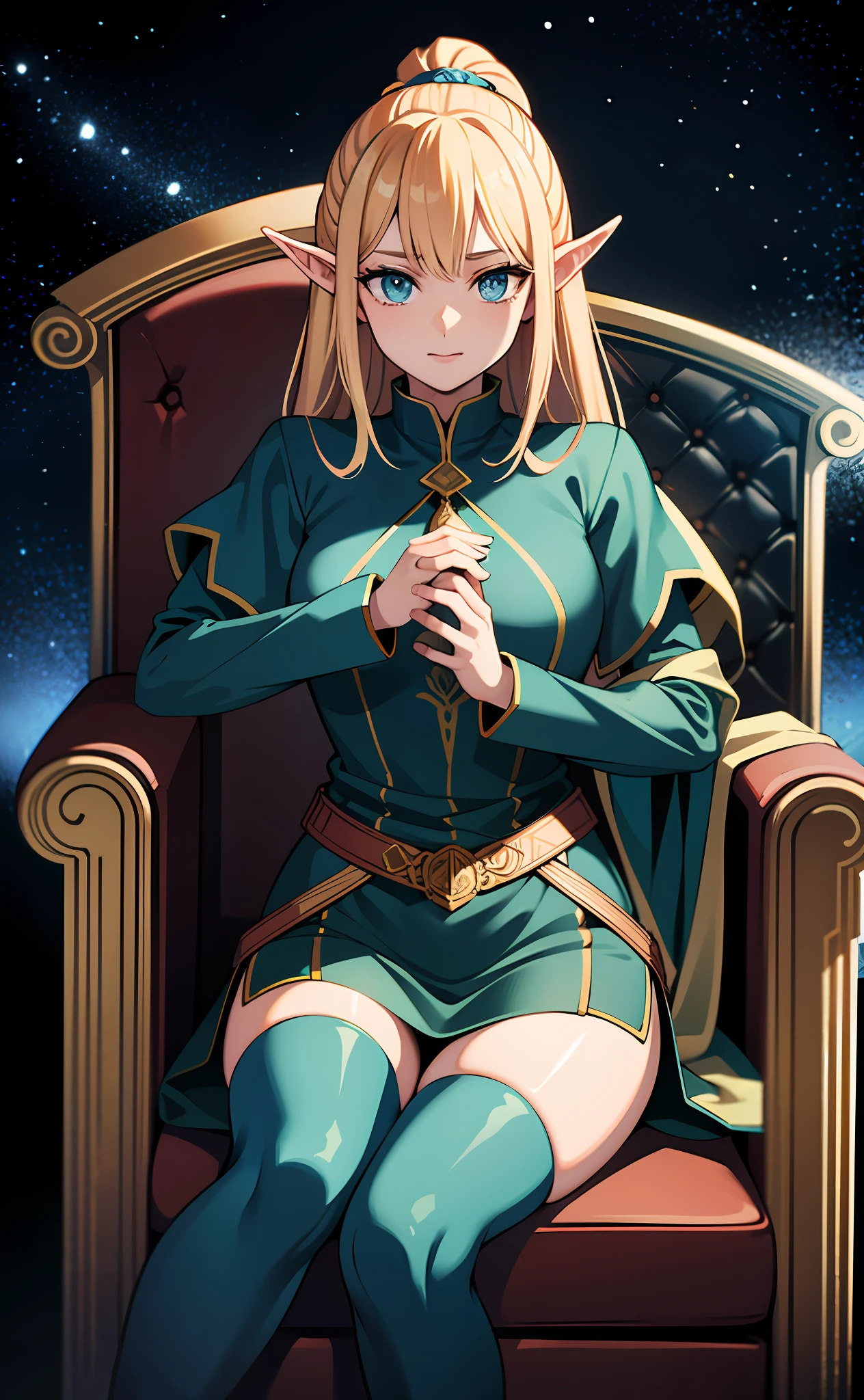 "Generate an illustration of the highest quality, ultra-detail, and 4K depicting a noble high elf with the God King reigning on the throne in an electronic space that simulates outer space."