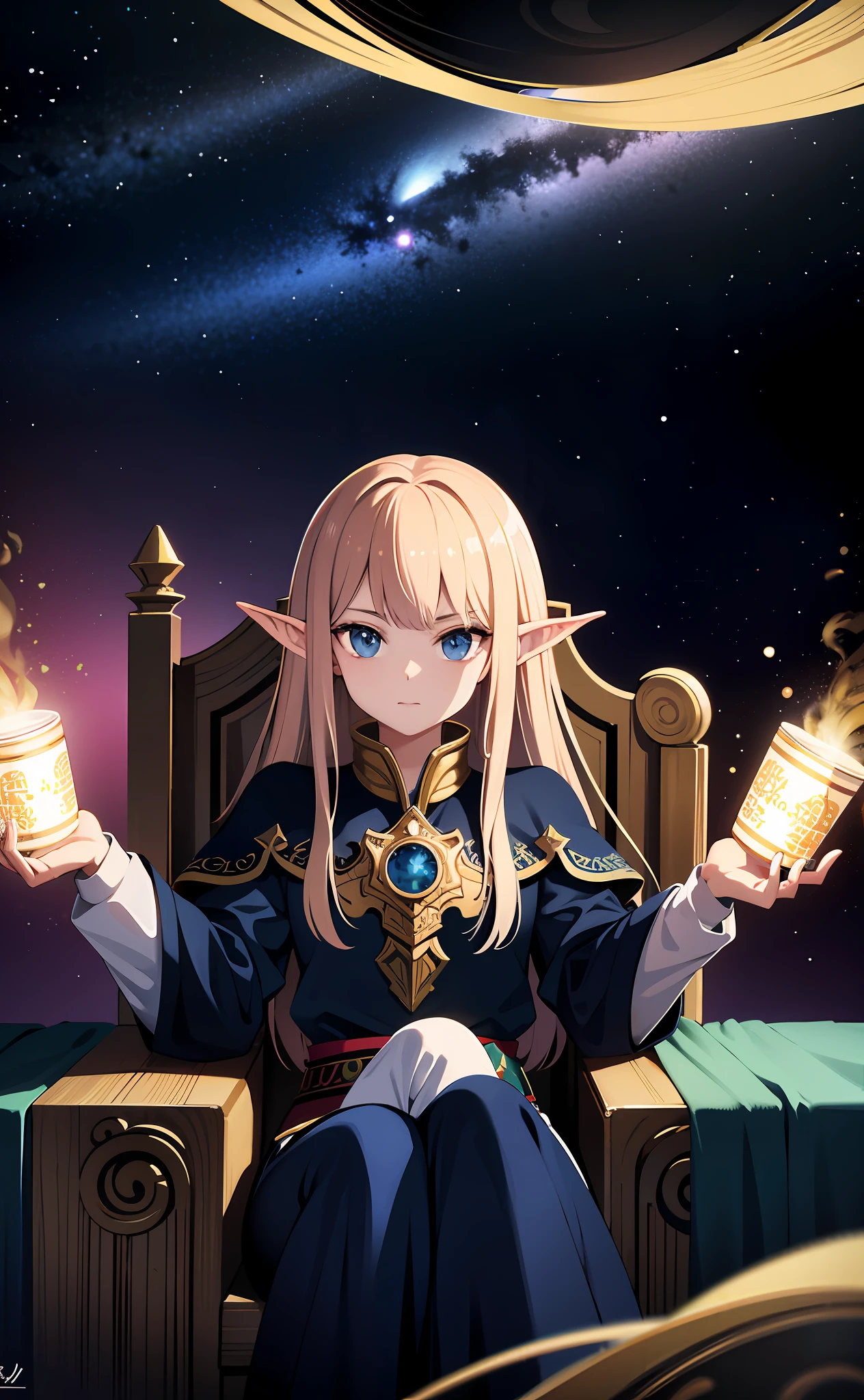 "Generate an illustration of the highest quality, ultra-detail, and 4K depicting a noble high elf with the God King reigning on the throne in an electronic space that simulates outer space."