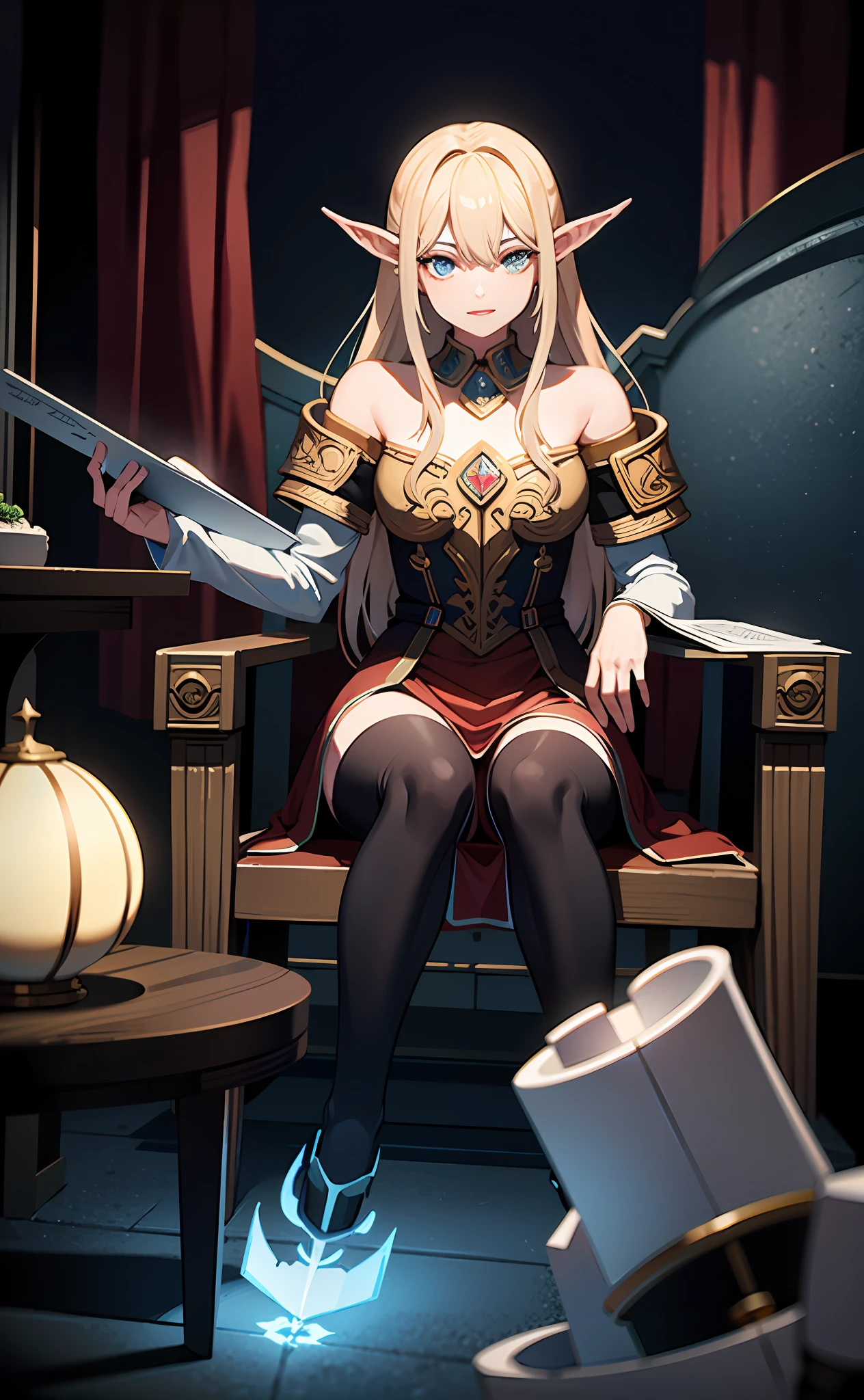 "Generate an illustration of the highest quality, ultra-detail, and 4K depicting a noble high elf with the God King reigning on the throne in an electronic space that simulates outer space."