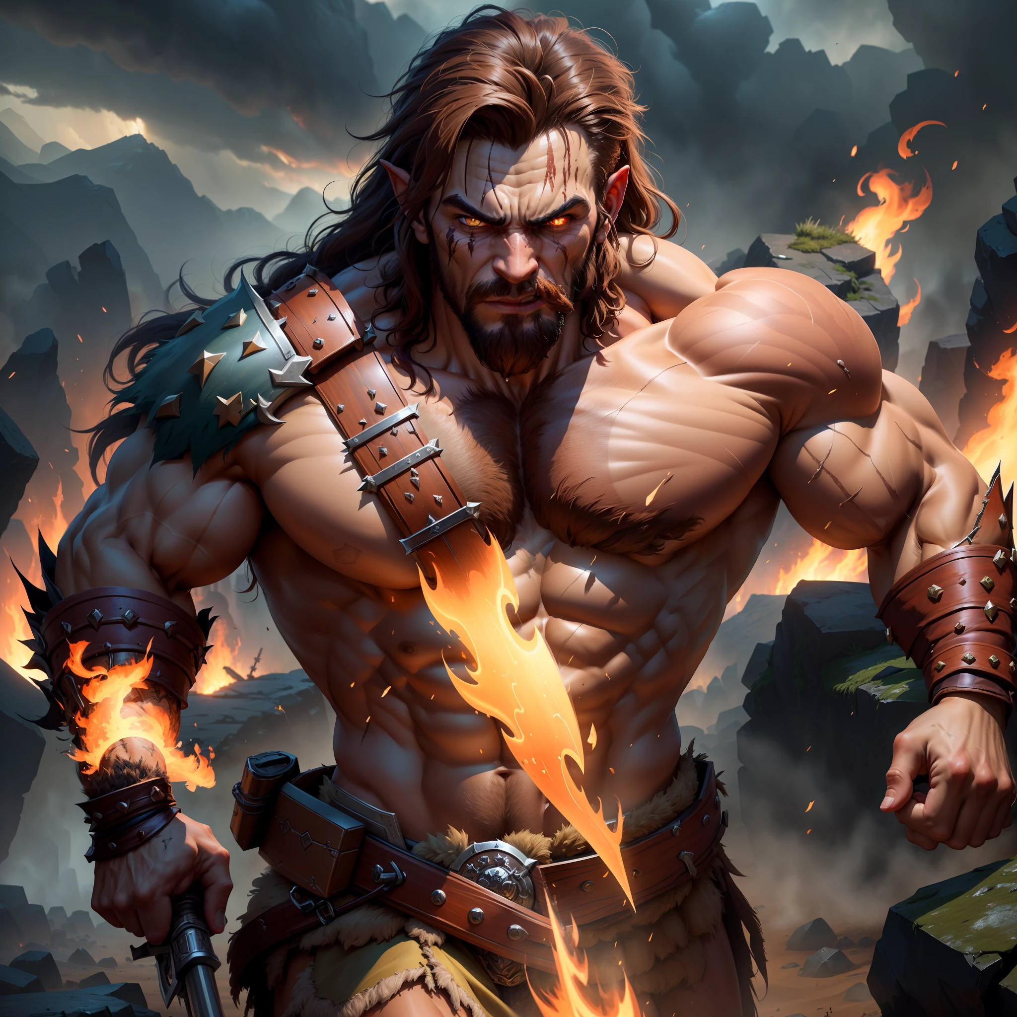 (masterpiece, best quality, ultra-detailed CG 8k wallpaper), intense atmosphere, wild and savage orcs, muscular bodies, fierce expressions, (1 or more), (sacrifice: 1.2), (strength: 1.2), (battle scars: 1.1), (weapons: 1.1), dark and sandy scenery, heavy smoke and fire. Draven the Druid, brown hair