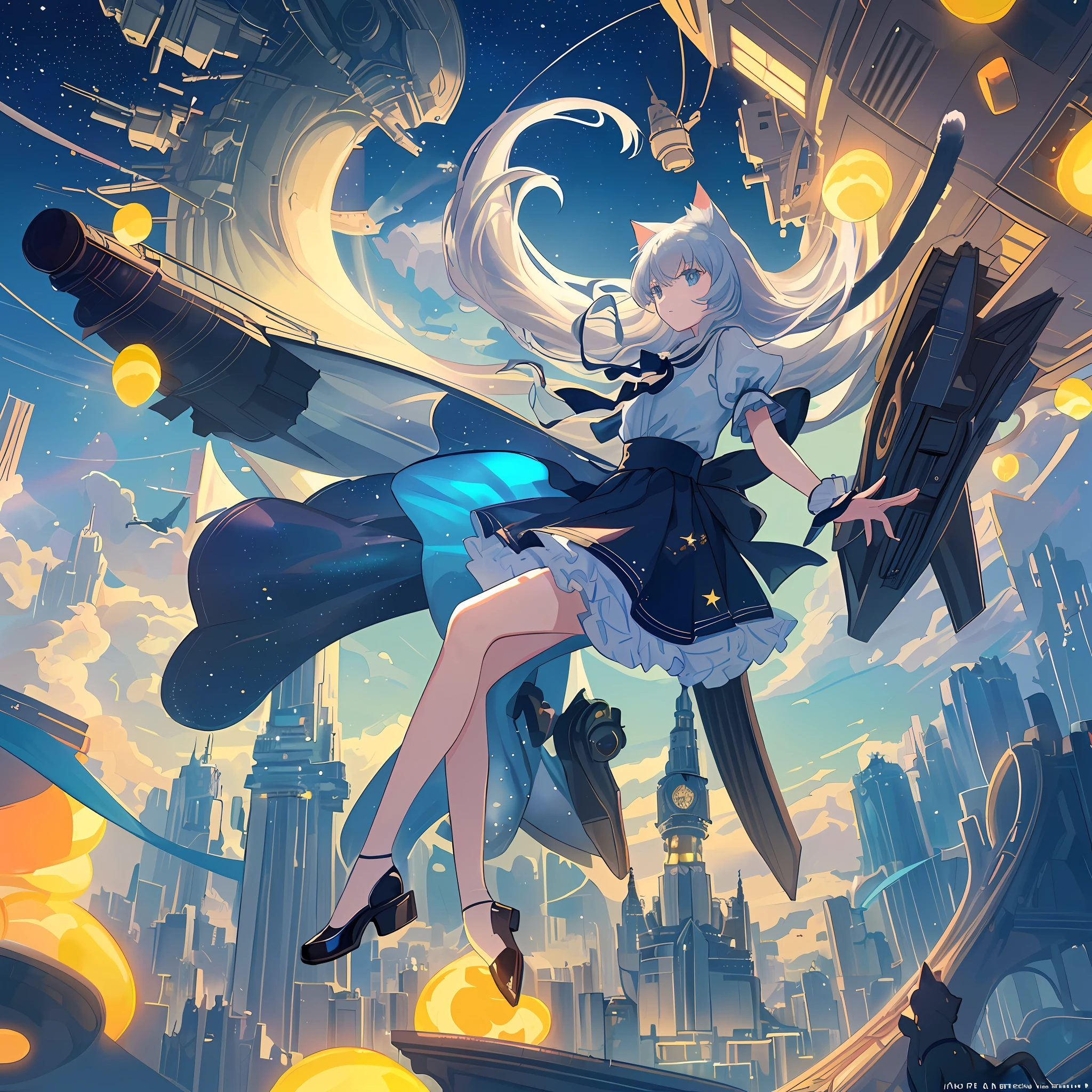 (a masterpiece),(high quality), (delicately drawn scene), (1girl), (stylish outfit:1.2, blouse, skirt), (long hair), (cat ears), (cat's tail), (futuristic city), (balloons sailing in the sky), (starry sky), (many clouds), (full moon),(colorful)