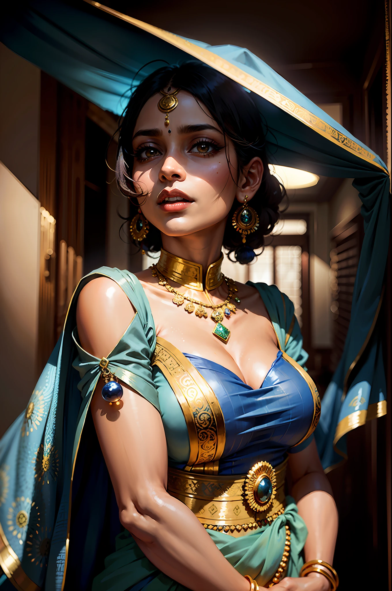 arafed woman in a sari with a blue and gold blouse, traditional beauty, indian girl with brown skin, dressed in a sari, draped in silky gold, mid shot portrait, portrait shot, wearing a silk kurta, indian style, 7 0 mm portrait, wearing a sari, indian, indian super model, gorgeous woman, photo of a beautiful woman